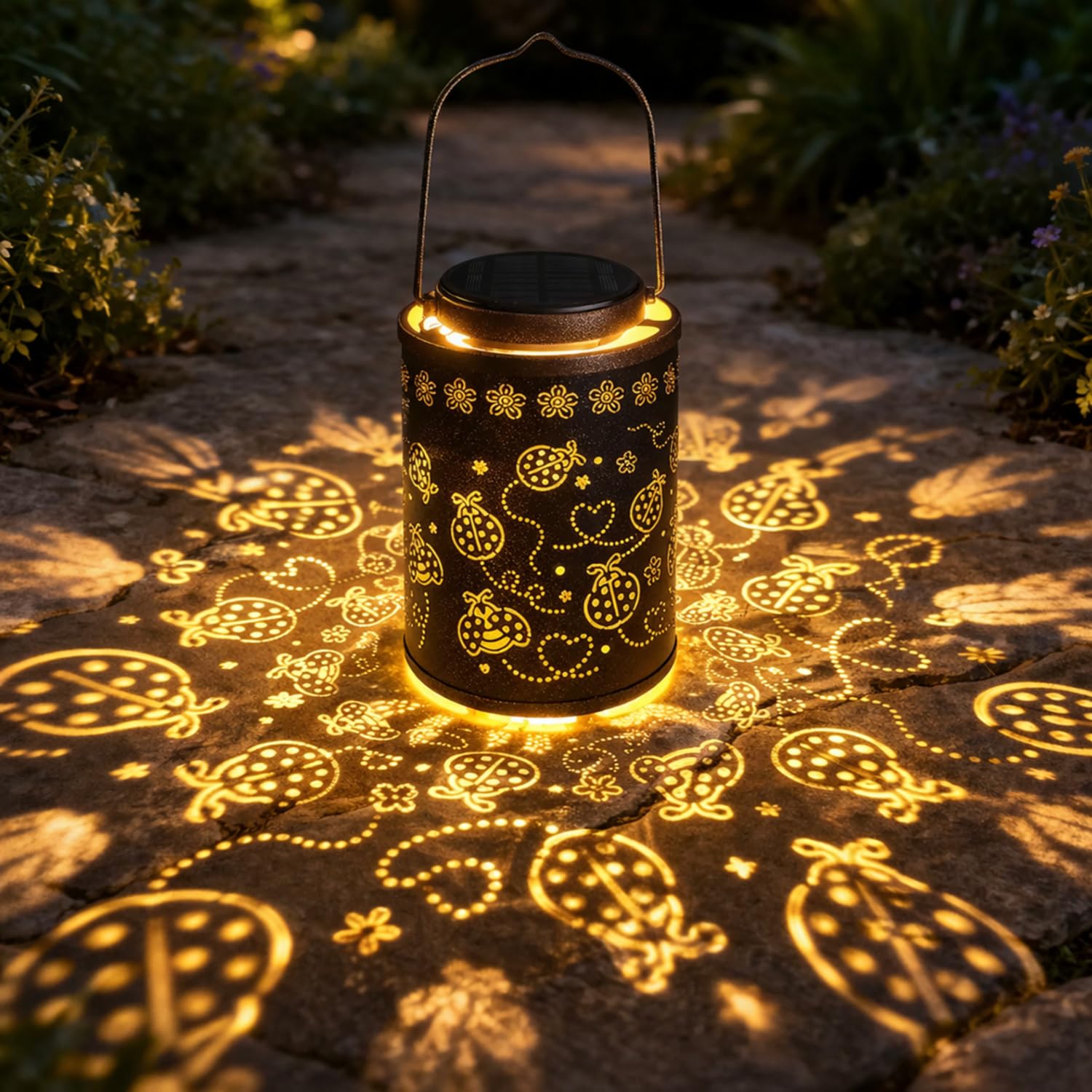 Decorative Solar Lantern Outdoor, Hanging Garden Light with Ladybug Pattern Projection, Waterproof Metal Lantern for Patio Yard 