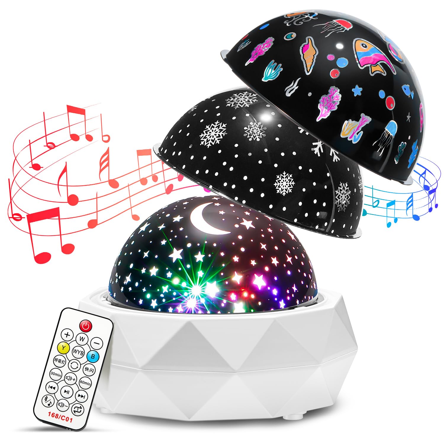 PIKOY Night Light Kids Projector+12 Lullabies, 8 Colors+3 Films+360 Kids Night Light Projector Kids Room, Remote+AUTO Timer Star