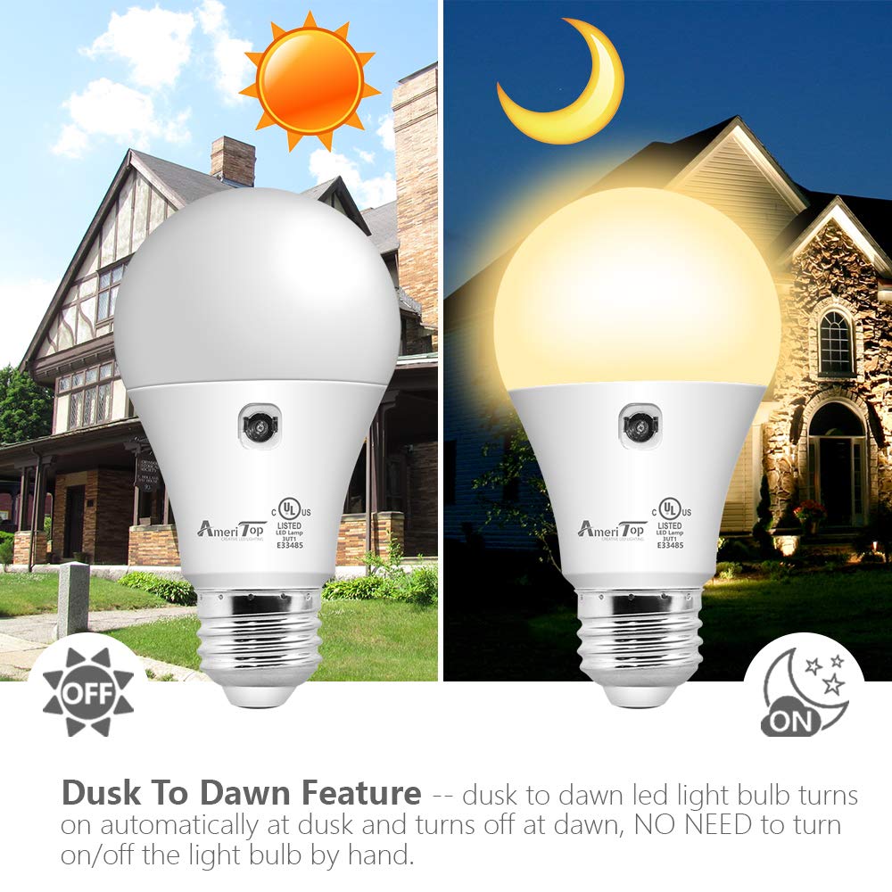 Ameritop Dusk To Dawn Light Bulb- 2 Pack, A19 Led Sensor Light Bulbs; Ul Listed, Automatic On/Off, 800 Lumen, 10W(60 Watt Equivalent), E26 Base, Indoor/Outdoor Lighting Bulb (3000K Warm White)