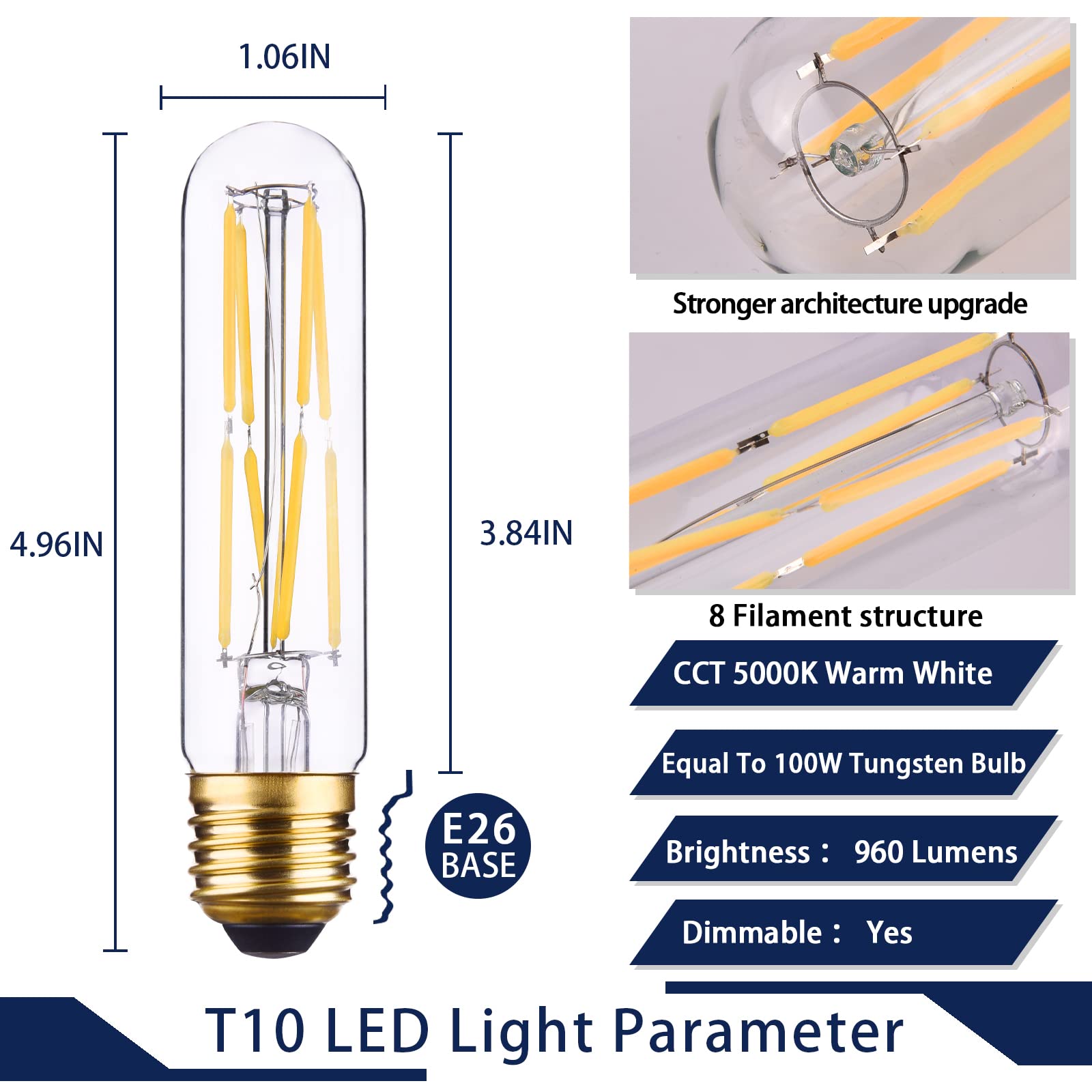 Create Bright Candelabra Led Light Bulbs T10 Tubular Edison Led Filament Bulb 8W E26 Daylight White 5000K,Clear Glass,960Lm,12 P