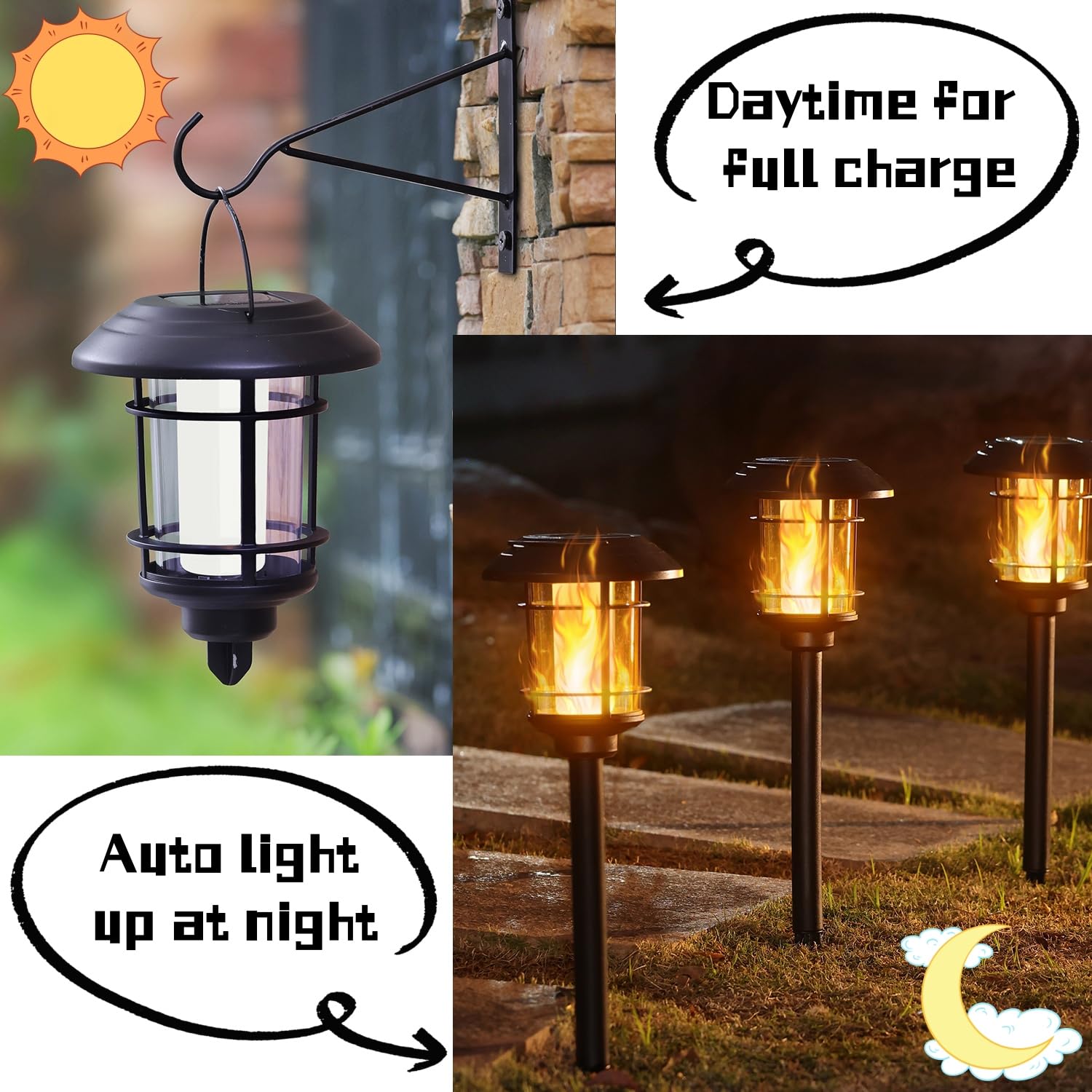Dynaming 6 Pack Solar Flame Torch Lights Outdoor, Dual Use Flickering Flame Garden Light, Hanging Lantern Lights, Auto On/Off &