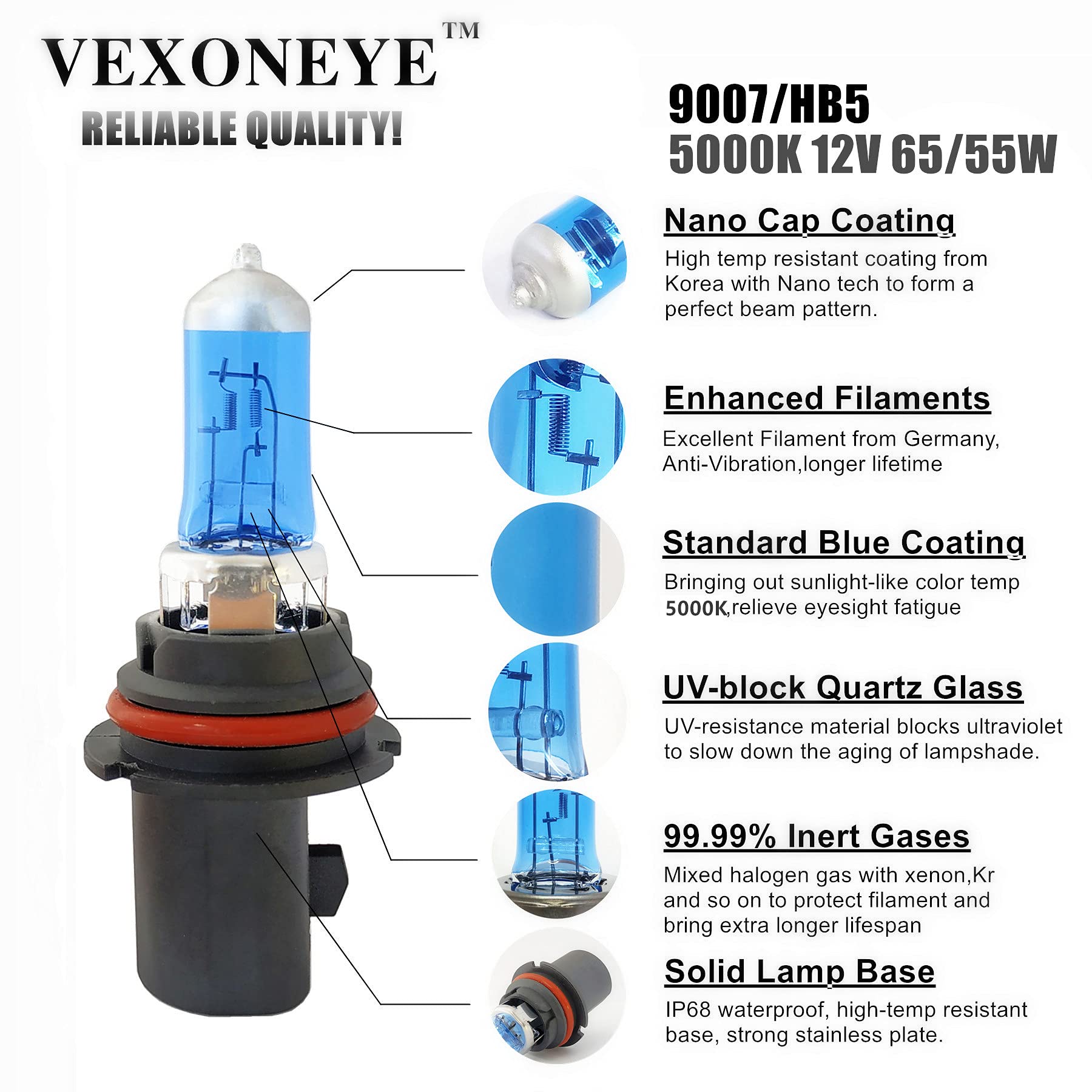 Vexoneye 9007/Hb5 Halogen Headlight Bulb 12V 65/55W Warm White 5000K Lights Headlamp Bright Focos