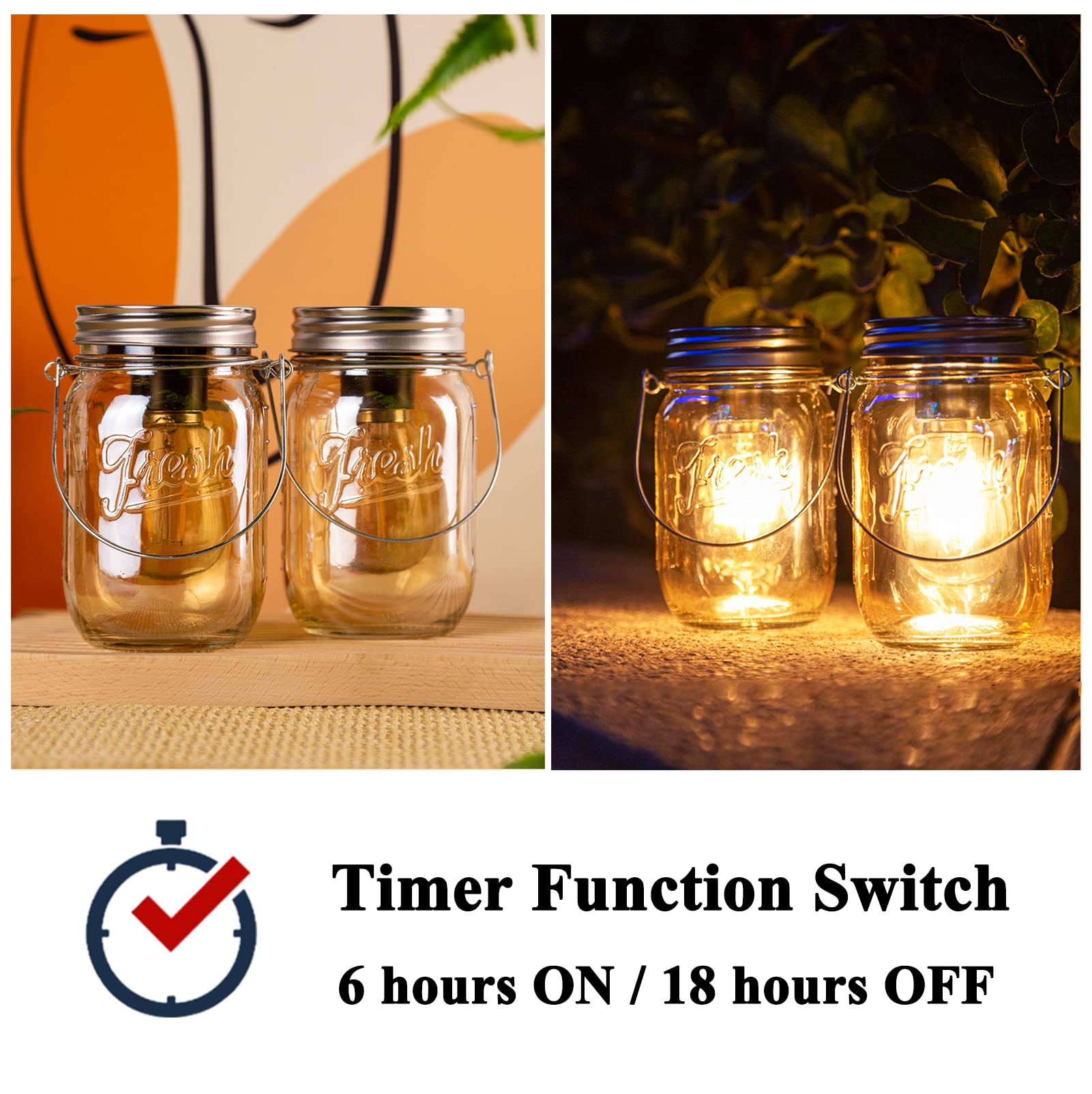Outdoor Mason Jar Lights Hanging, 2-Pack Led Decorative Garden Lanterns With Timer, Battery Operated Vintage Glass Light For Pat