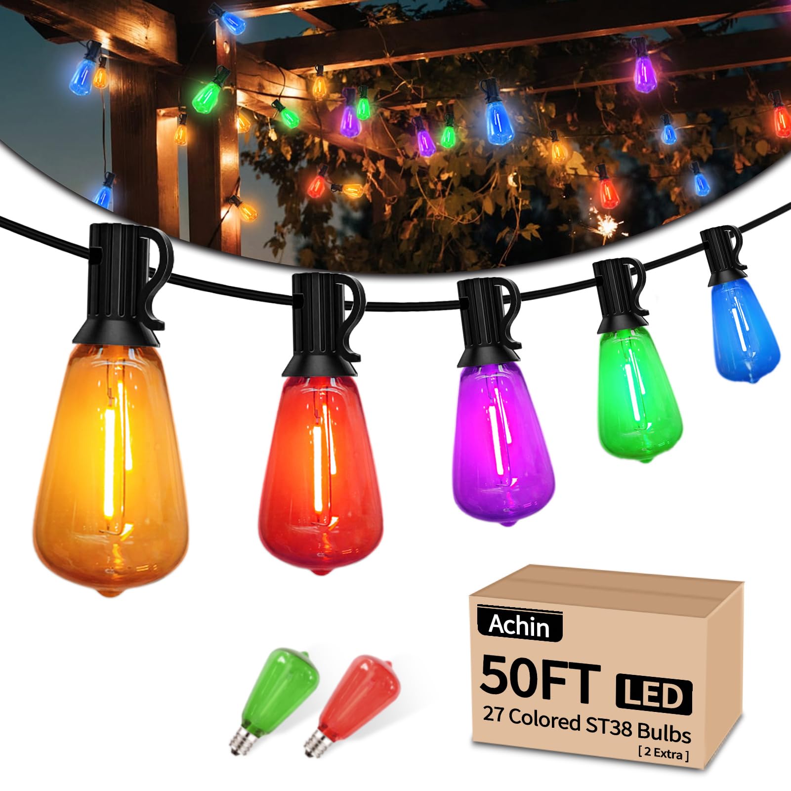 Achin 50FT Outdoor String Lights Multicolor Patio Lights Waterproof with 25+2 LED ST38 Colored Bulbs Shatterproof, Colorful Stri