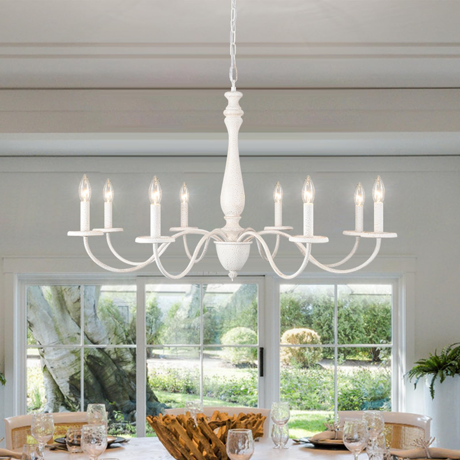 Mrhyswd White Farmhouse Chandelier 8 Lights 37.4" Large Distressed Wood French Country Chandelier For Dining Room Chandelier Candle Pendant Light Fixtures Ceiling For Kitchen Living Room Foyer Bedroom