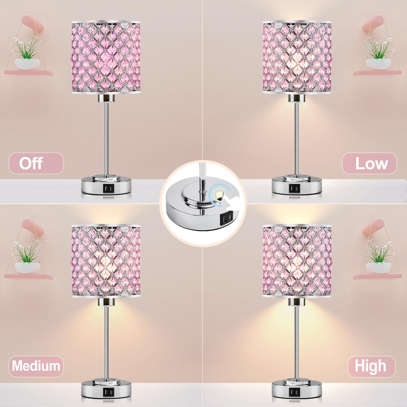 Crystal Table Bedside Lamp Touch Control, 3-Way Dimmable Small Nightstand Lamp Set Of 2 With Usb-C+A Charging Ports, Decorative