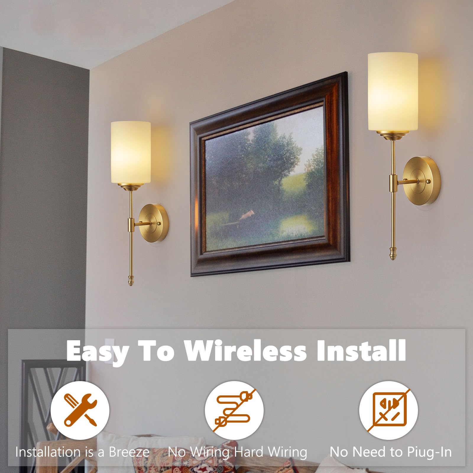 HOTRAN Wall Sconces Set of Two, Rechargeable LED Lights, Remote Control, Modern Gold & Glass Design