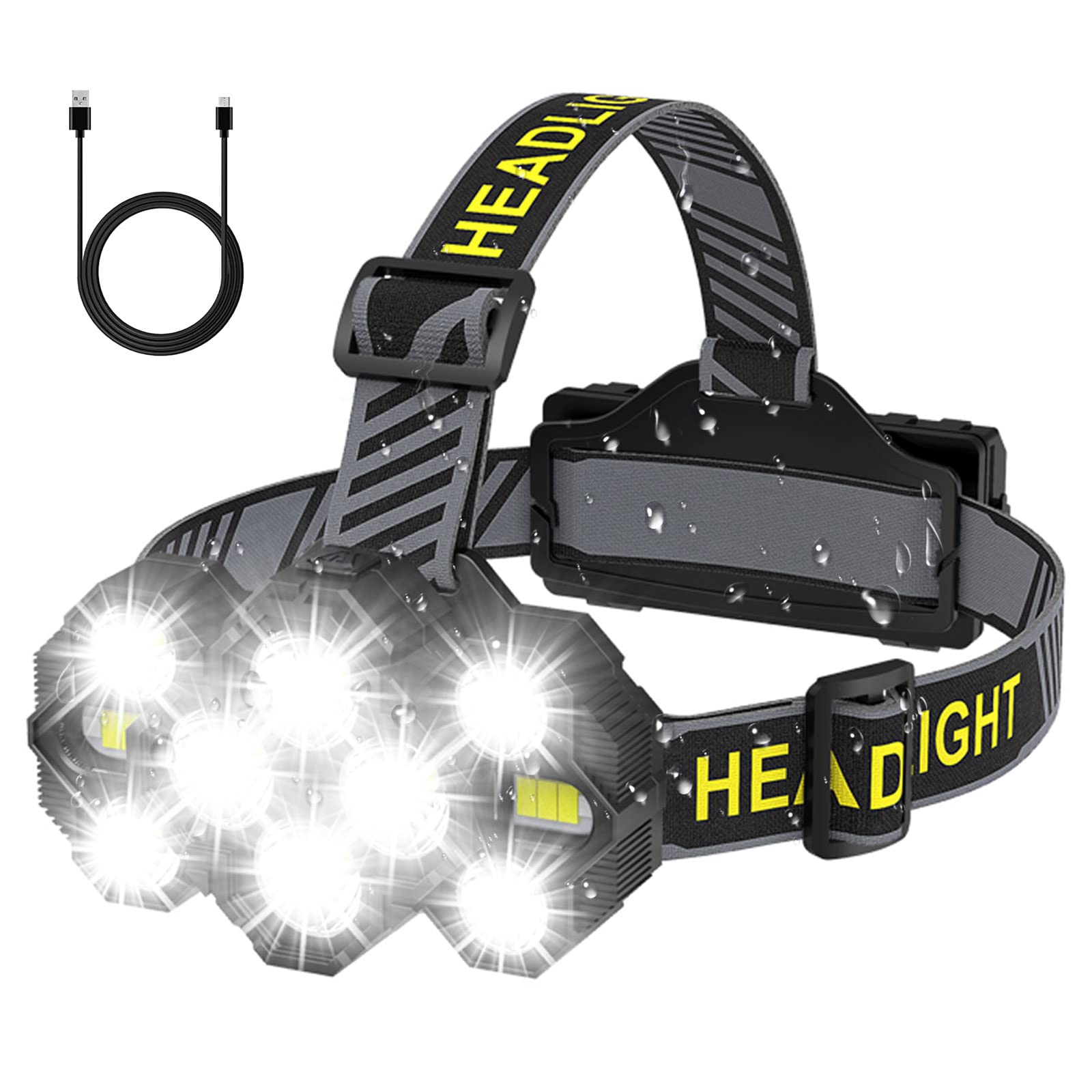 Victoper Rechargeable Headlamp, 22000 Lumen, 10 LEDs, 8+2 Modes, Waterproof, Black, Model V10000