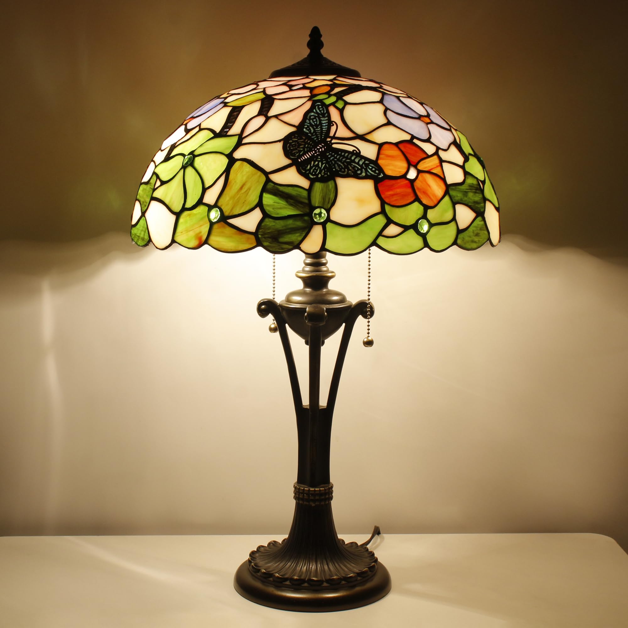 L-Juicwe Tiffany Table Lamp Butterfly Flower Stained Glass Desk Lamp 16X16X24 Inches Reading Light
