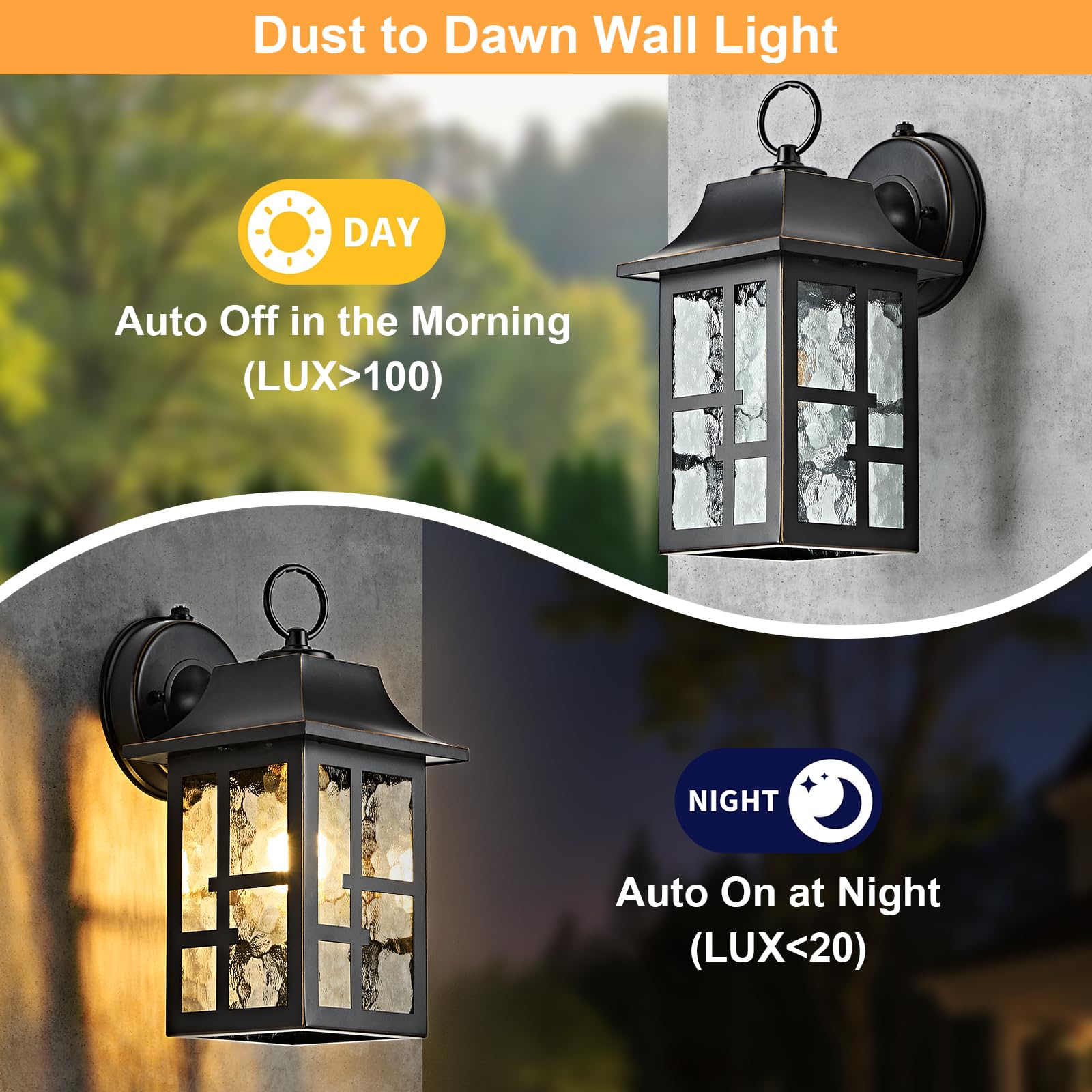 OKELI 2-Pack Outdoor Wall Lights, Aluminum Porch Light, Dusk to Dawn with Ripple Glass, Black & Gold-Trim, 11.4" Sconce, Model OK100-M2