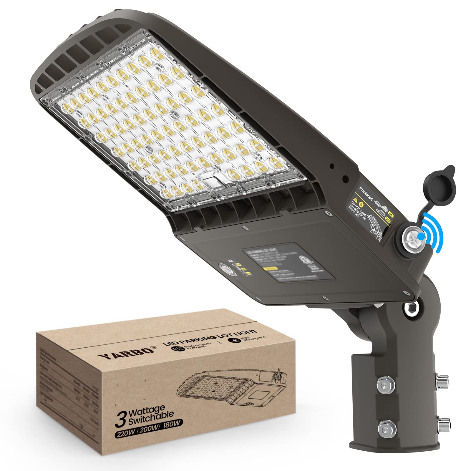 Yarbo 220W Led Parking Lot Light 200W 180W Selectable, 35200Lm(160Lm/W) 5000K Led Shoebox Light, Slip Fitter, Dimmable Parking Lot Lights Commercial With Dusk To Dawn Photocell, Area Street Pole Light