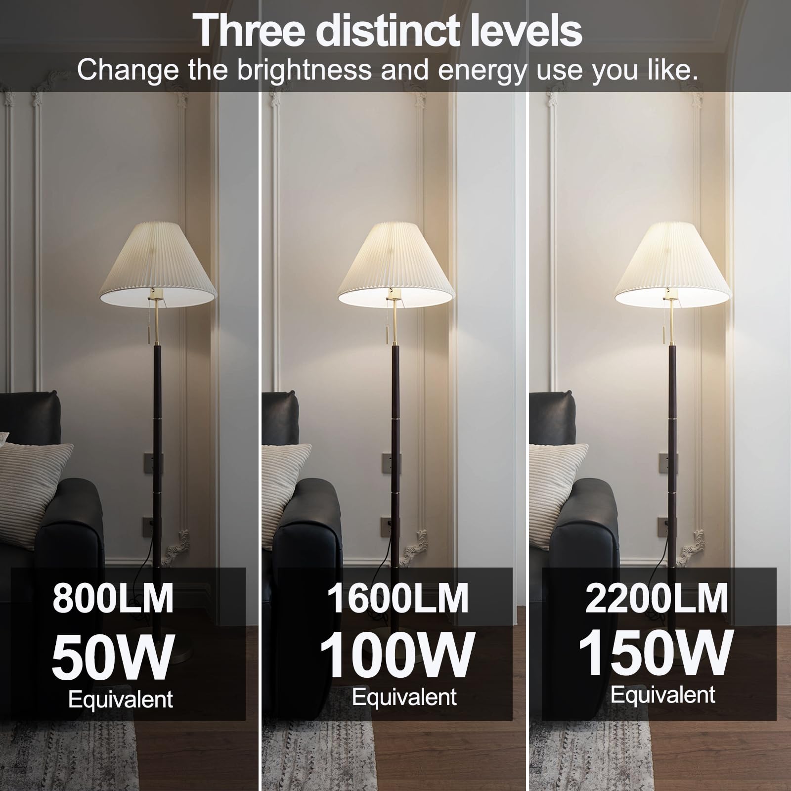 Super Bright 50/100/150W 3-Way A21 Led Light Bulb, 800/1600/2200 Lumens, 4000K Cool White, Non-Dimmable, E26 Base, Ul Listed, 2-