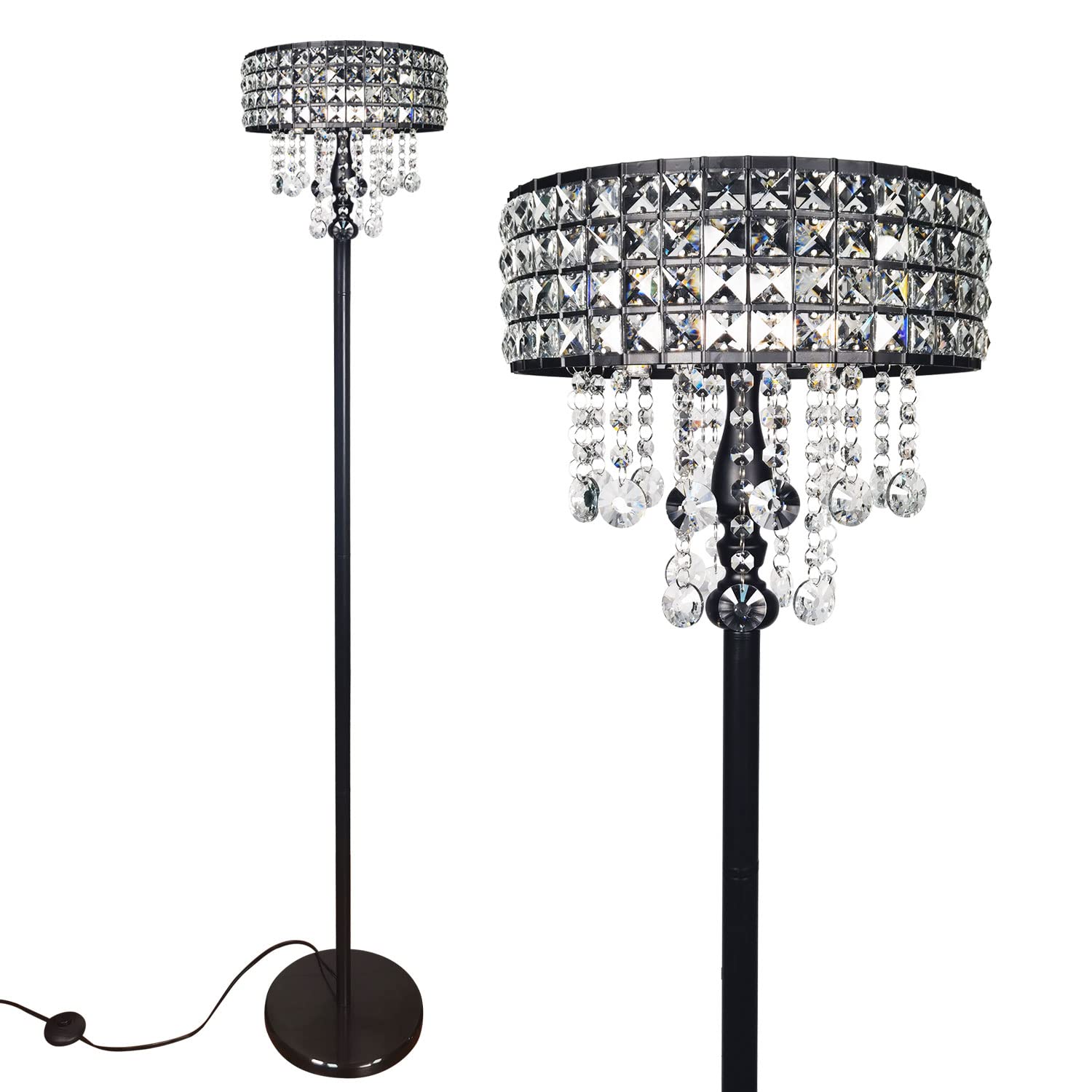 beaysyty Modern K9 Clear Glass Crystals Floor Lamp, Crystal & Glass 3-Lights Black Standing Light, Reading Corner Lamp for Livin