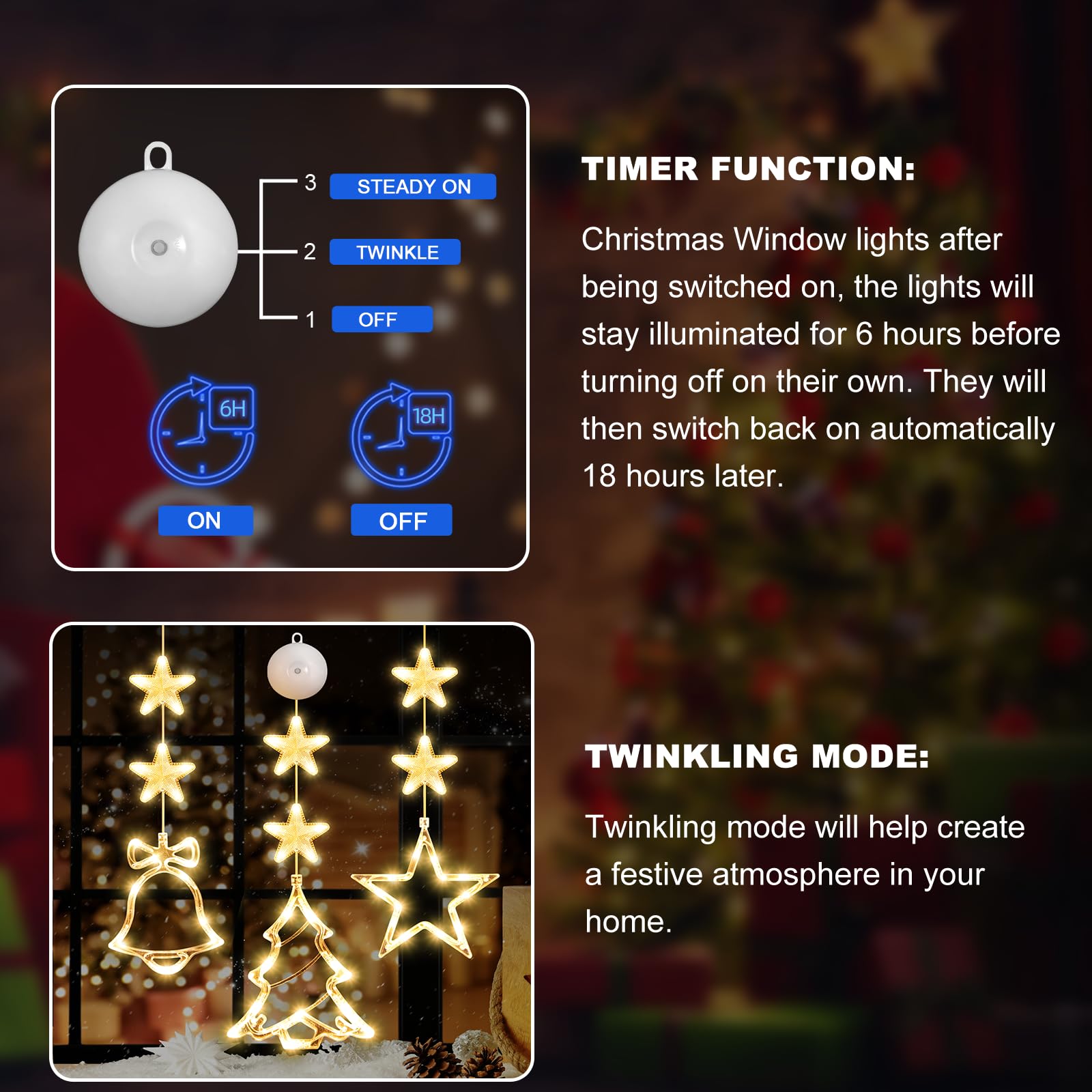 LYUBASA [Timer] 3Pcs Christmas Window Lights Decorations,Battery Powered Christmas Hanging Warm White Lighted Tree Bell Star Sha