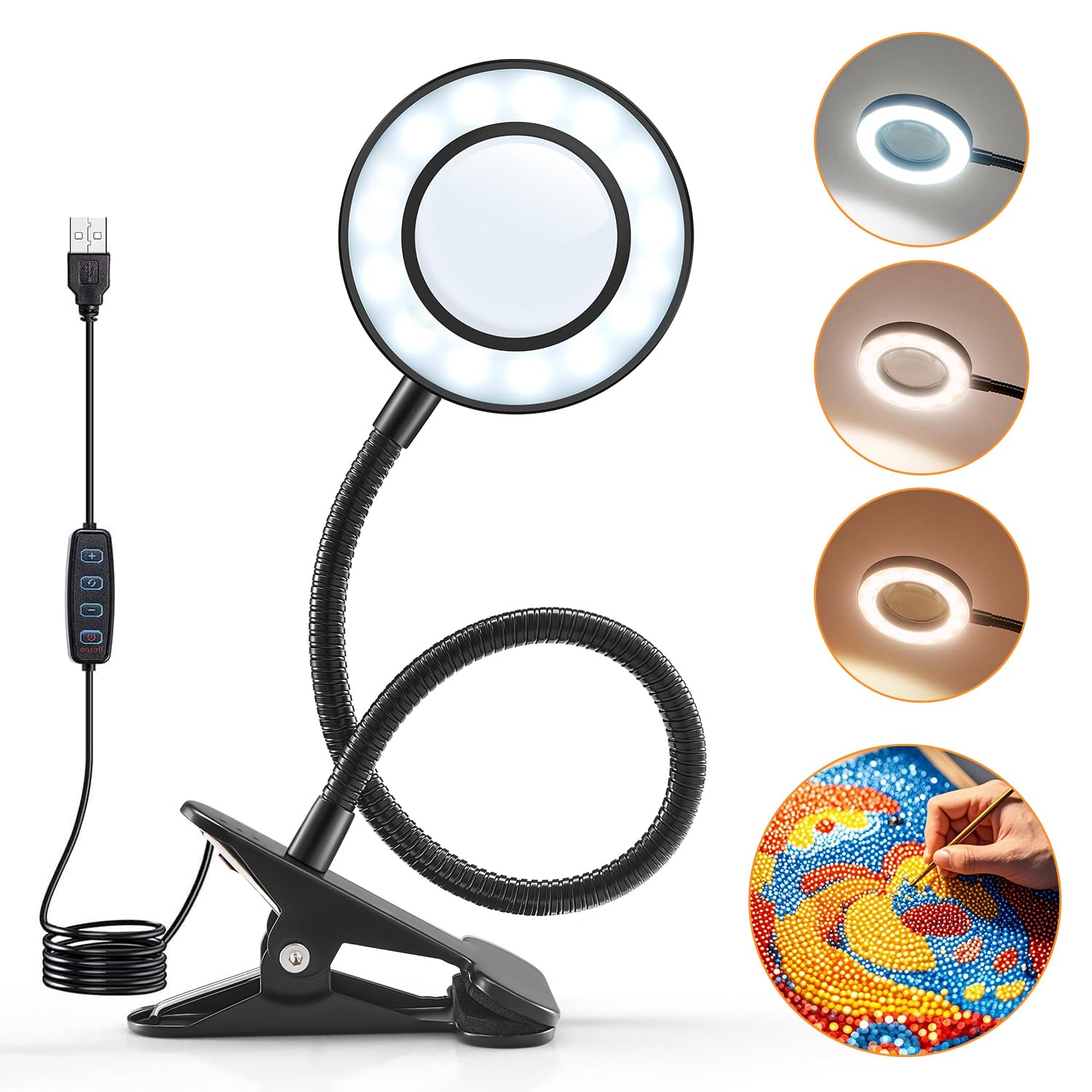 Mubarek Magnifying Glass with Light 5X, 48 LED Desk Lamp, 3 Dimmable Modes, Black