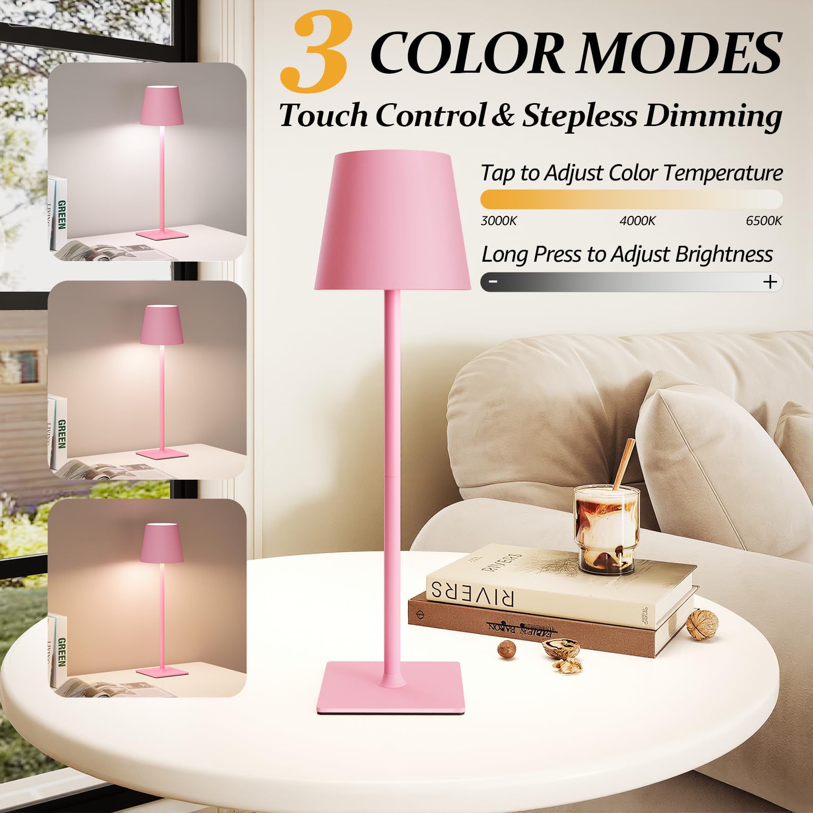 CHLORANTHUS Cordless Table Lamps - 2 Pack, 5000mAh Rechargeable, Stepless Dimming, Pink, Model: table-lamp -15