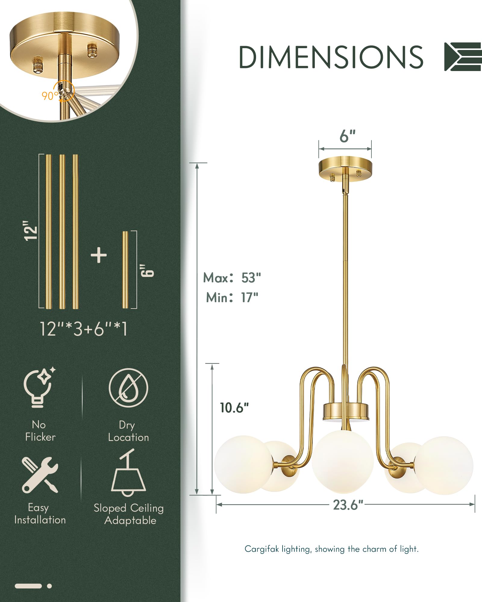 Cargifak Gold Chandelier With Frosted Glass Globe, 6-Light Modern Pendant Light For Kitchen, Bedroom, Hallway, Living Room,Ckpl4