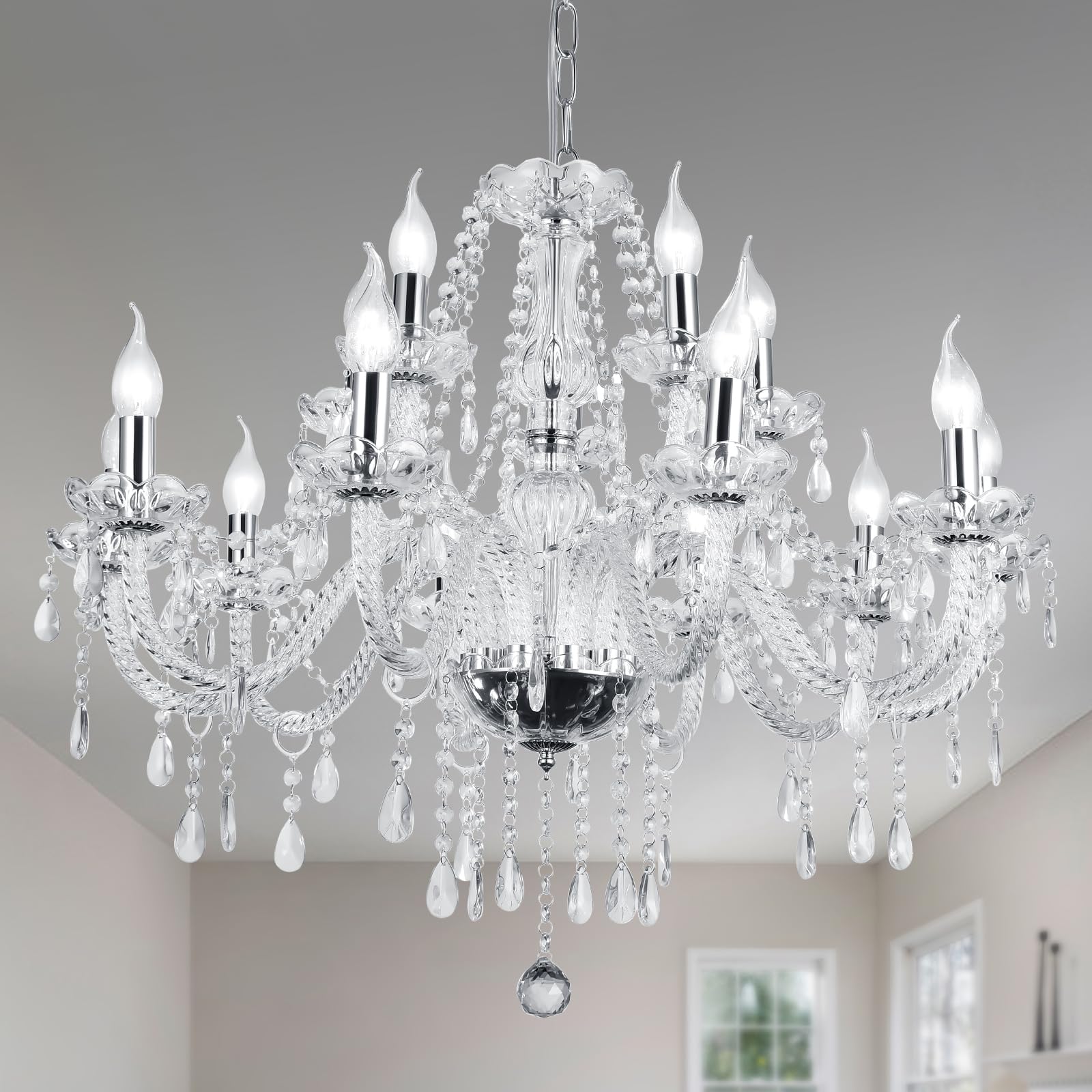 Baotree Modern Elegant 12 Lights K9 Crystal Glass Chandelier Silver Pendant Ceiling Lighting European Style For Dining Living Ro