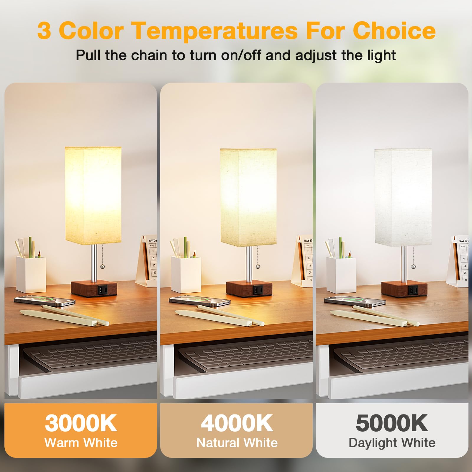 Aooshine Red Brown Small Table Lamp For Bedroom - 3 Color Temperature 3000K 5000K 4000K Bedside Lamp, Pull Chain Control, Usb A