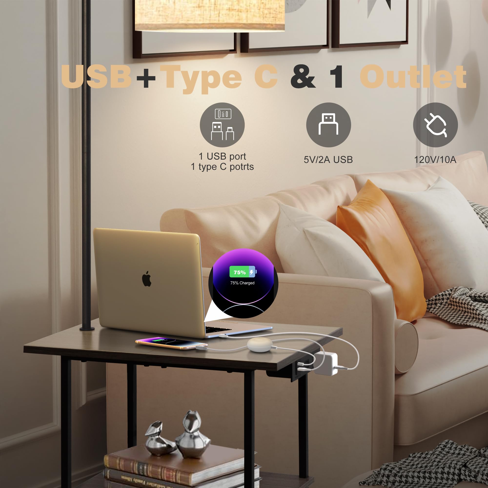 Pesrae Floor Lamp With Table, End Table With Charging Station(Usb & Type-C & Ac Port), 3 Color Temperatures 9W Led Bulb, Modern Shelves Side Table For Bedroom, Living Room