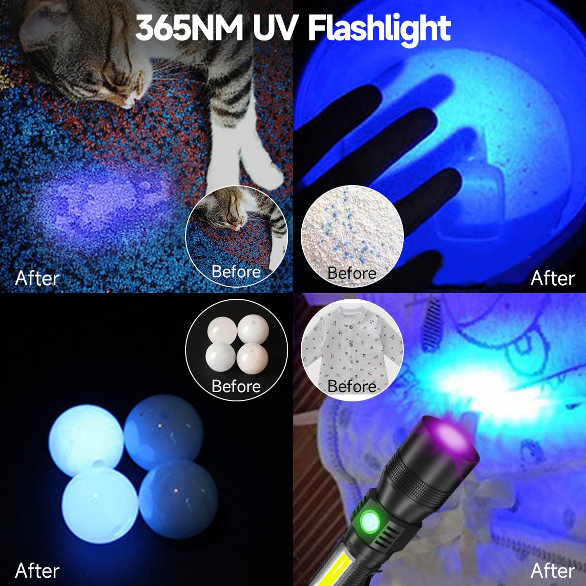 AdamStar 3-in-1 Rechargeable Black Light Flashlight, UV LED, 7 Modes, Waterproof, Aluminum, Black + Purple with Case, Model 016