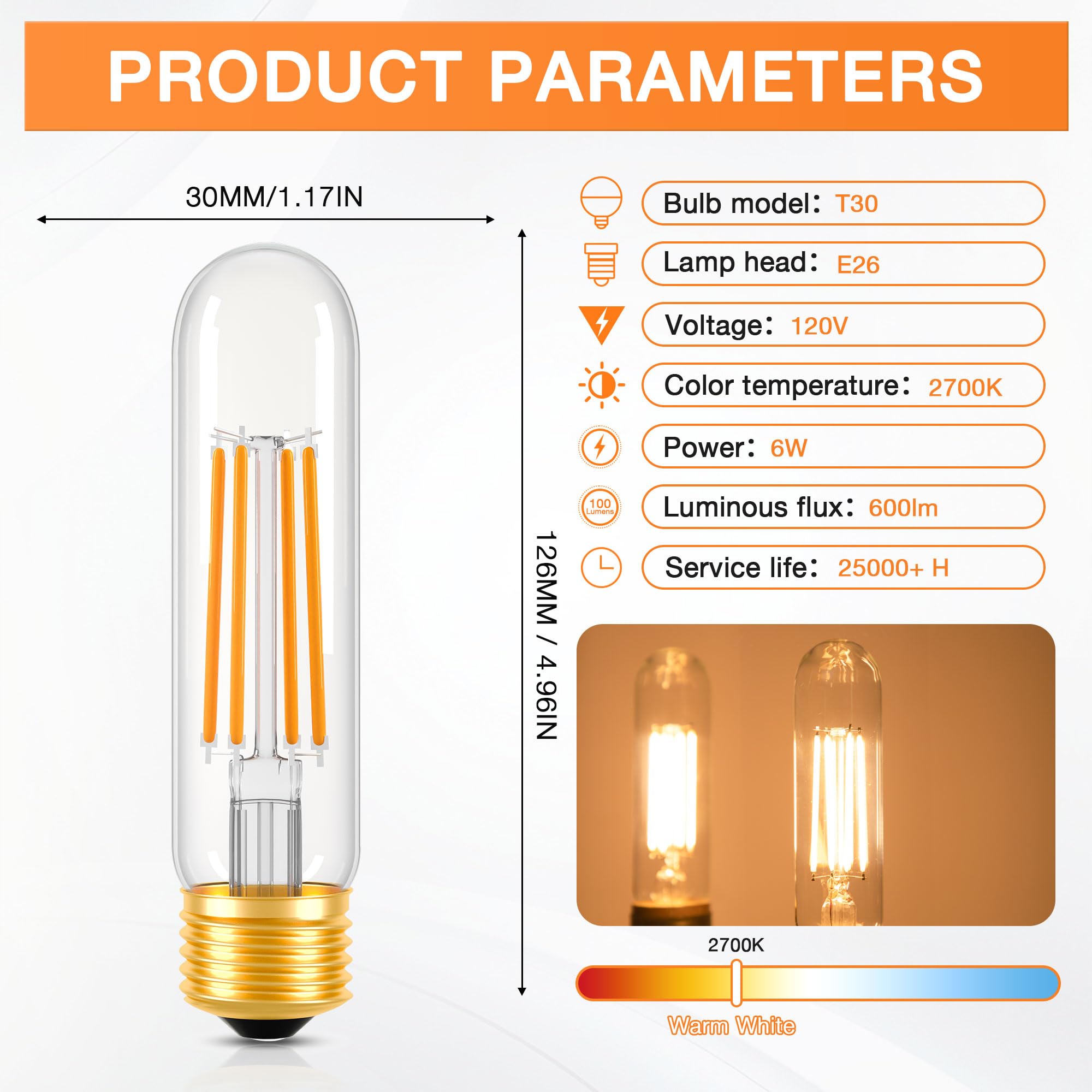 Tobegreat T30 E26 Tubular Filament Light Bulbs Dimmable 6 Watt Equivalent 60W Bulb T10 Edison Led Warm White 2700K,Desk Lamp,Kit