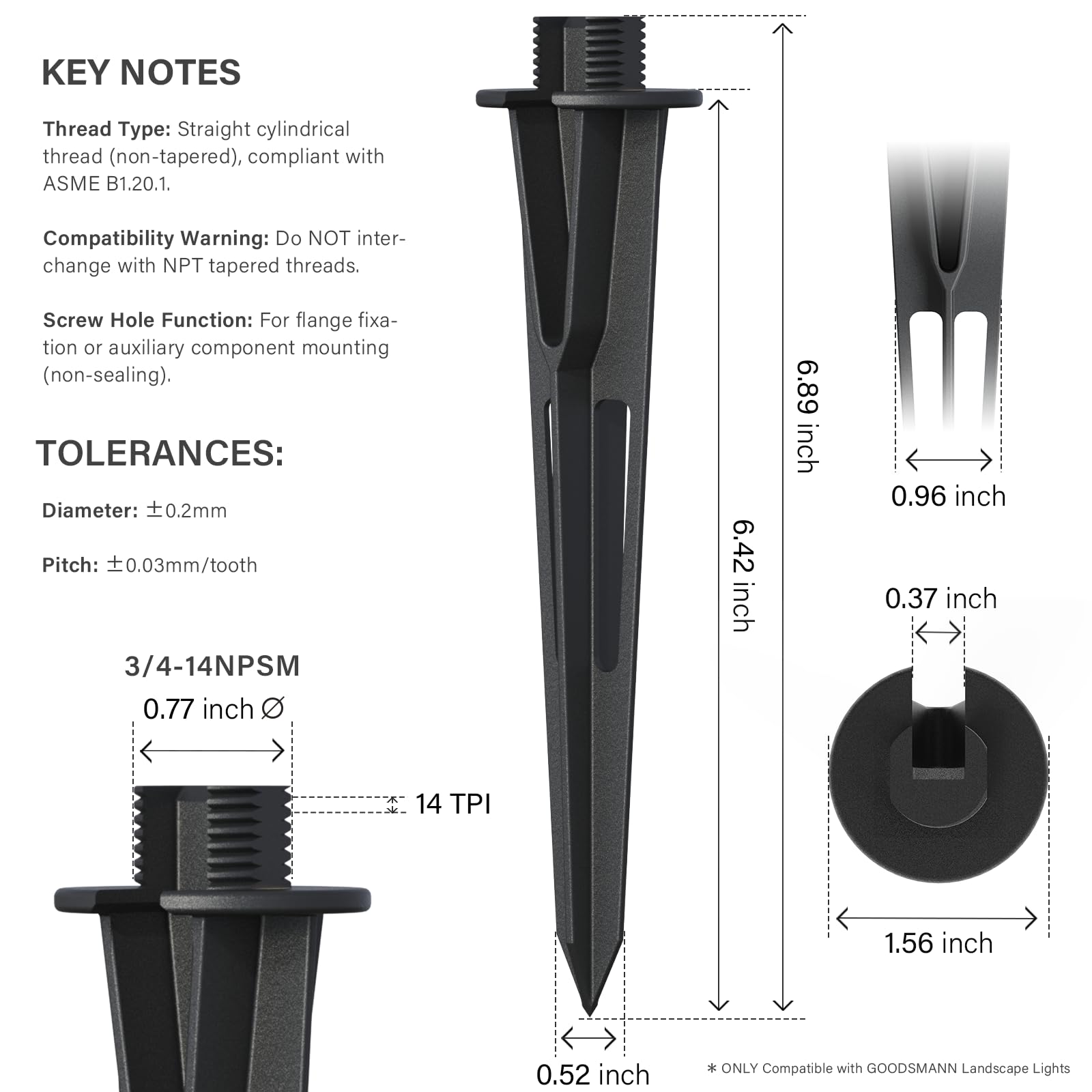 GOODSMANN 2PCS Metal Spikes Stakes with Male Thread 3/4-14NPSM 0.77IN for Low Voltage Landscape Lights Compatible with GOODSMANN