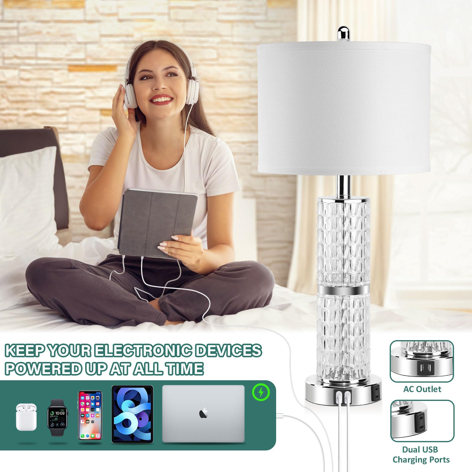Gobright 3-Way Touch Control Crystal Table Lamps Set Of 2 With Usb Ports & Ac Outlets, 26&quot; Tall