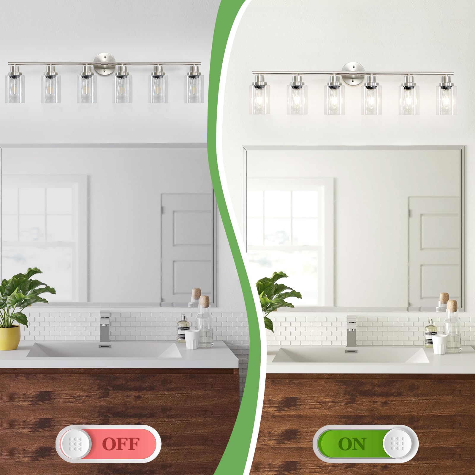 Guliaofo 6-Light Nickel Bathroom Vanity Lights, Metal Fixtures with Clear Glass Shade, Model Gu-111-QGN-6