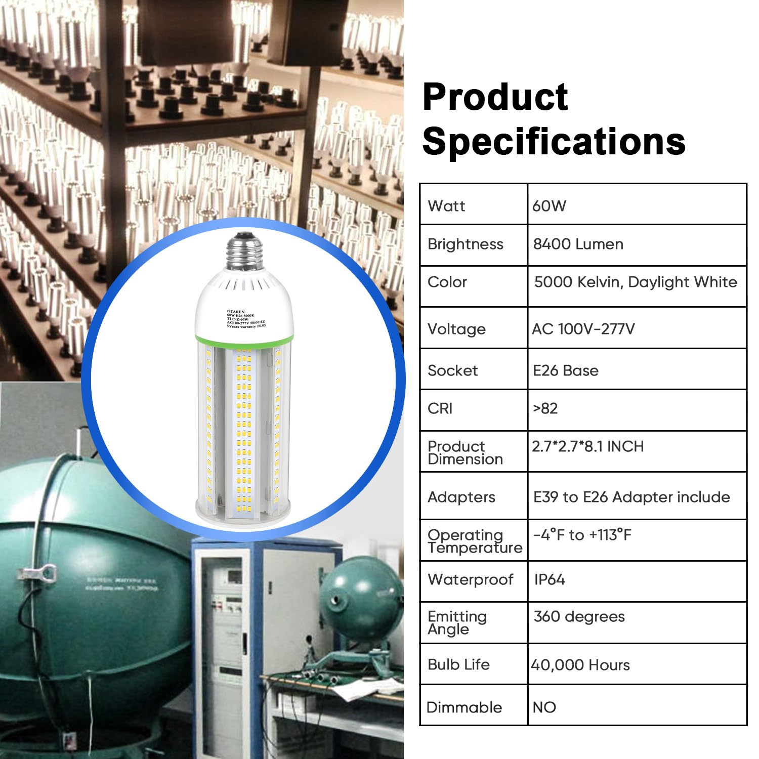 Gtaren 60W Led Corn Cob Bulb 600W Equivalent 5000K Daylight E26/E39 Base  8400 Lumens - Replace Cfl/Metal Halide/Hps For Warehouse Workshop Gym Yard Basement Lighting