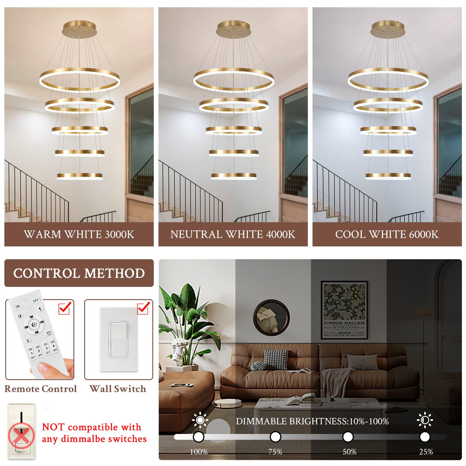 Sparklelf Modern LED Chandelier - Dimmable Gold 5-Rings 23.6in, Remote Control, 3000K-6500K, for Foyer, Dining Room,