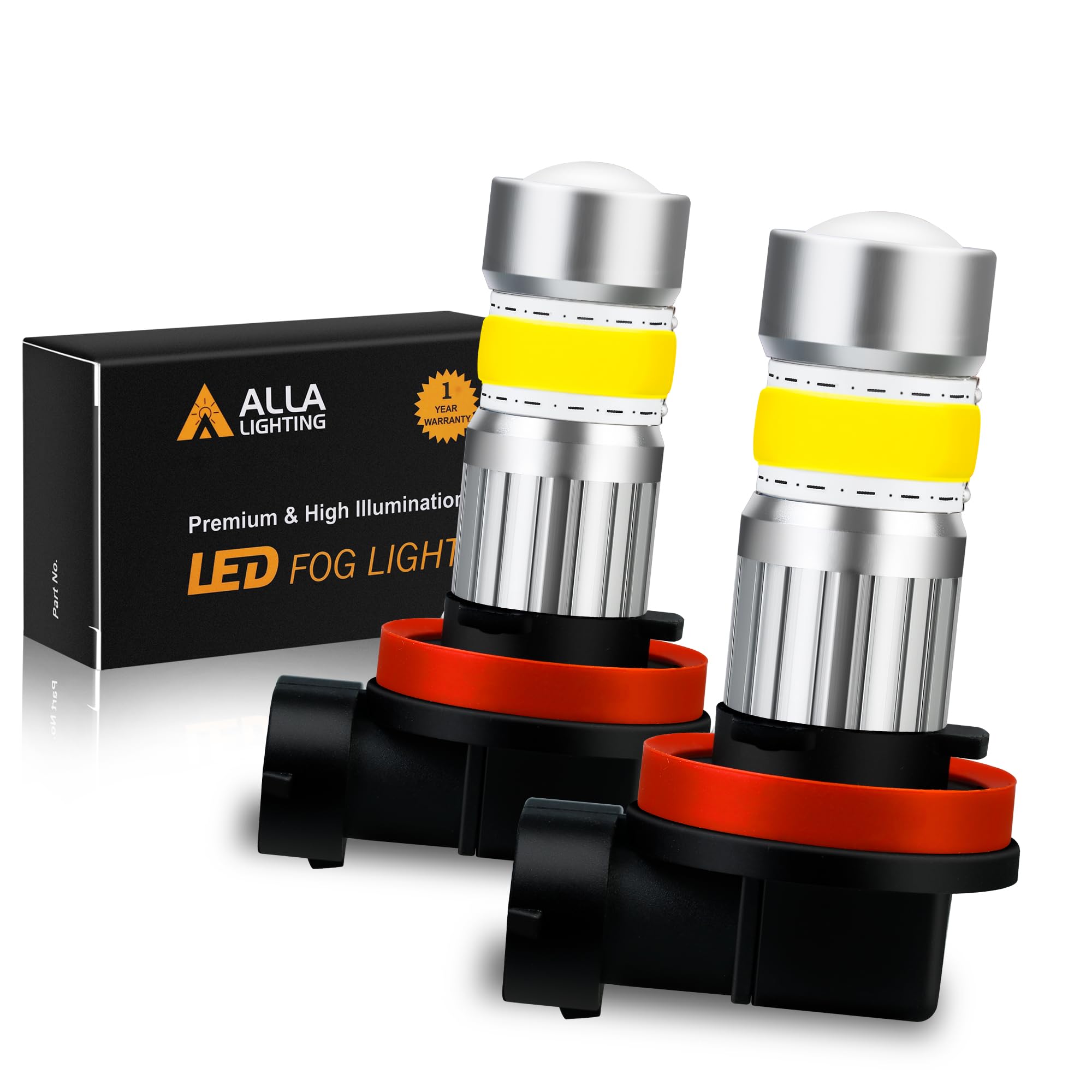 Alla Lighting H11 LED Fog Light Bulbs, 2800lm, 3200K Yellow, COB-72 SMD, H8/H16 Compatible, Aluminum Material