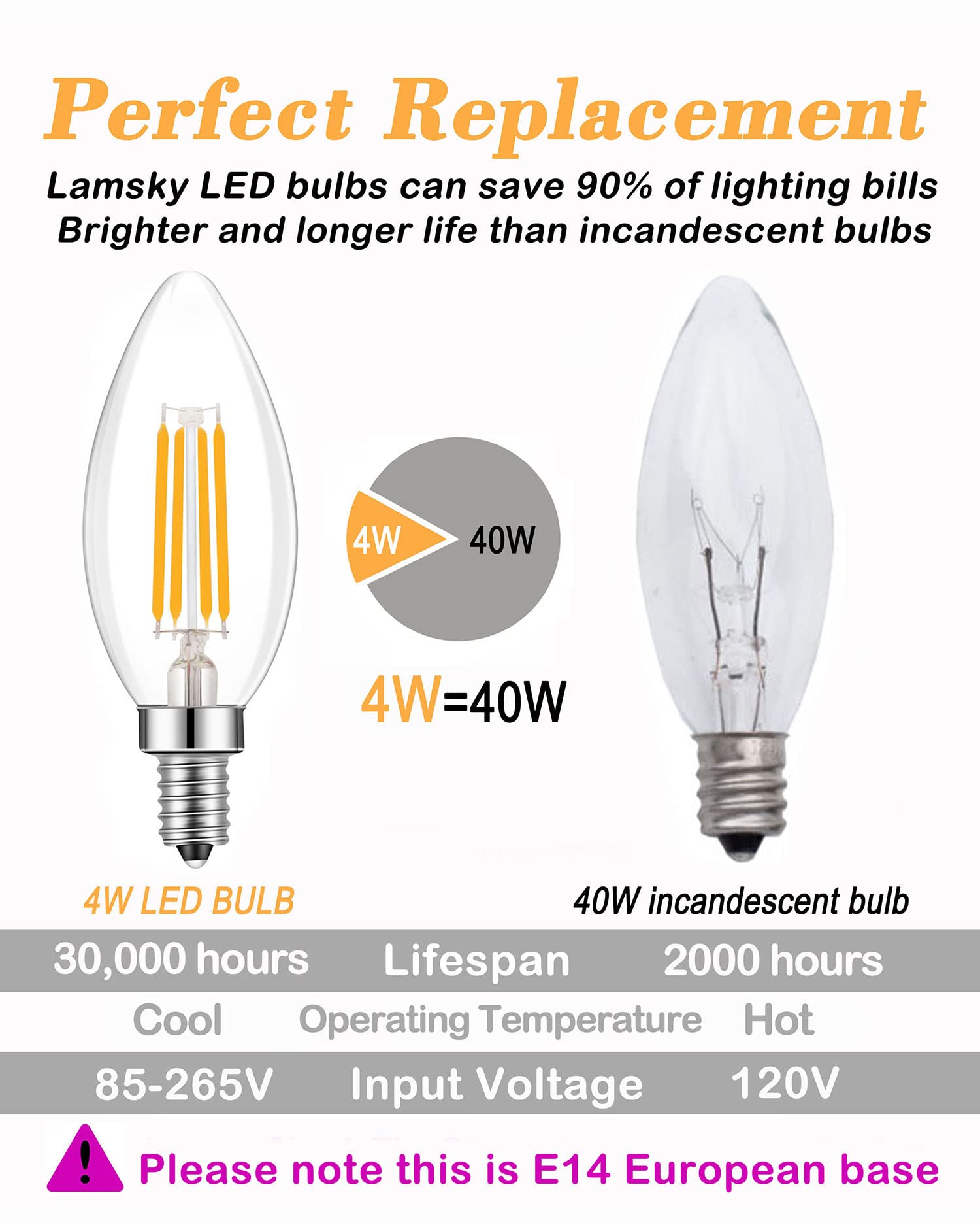 Lamsky E14 Base Led Filament Candle Shape Light Bulb,E14 European Base Bulb,Warm White 2700K 400Lm 40W Equivalent,C35 Clear Glas