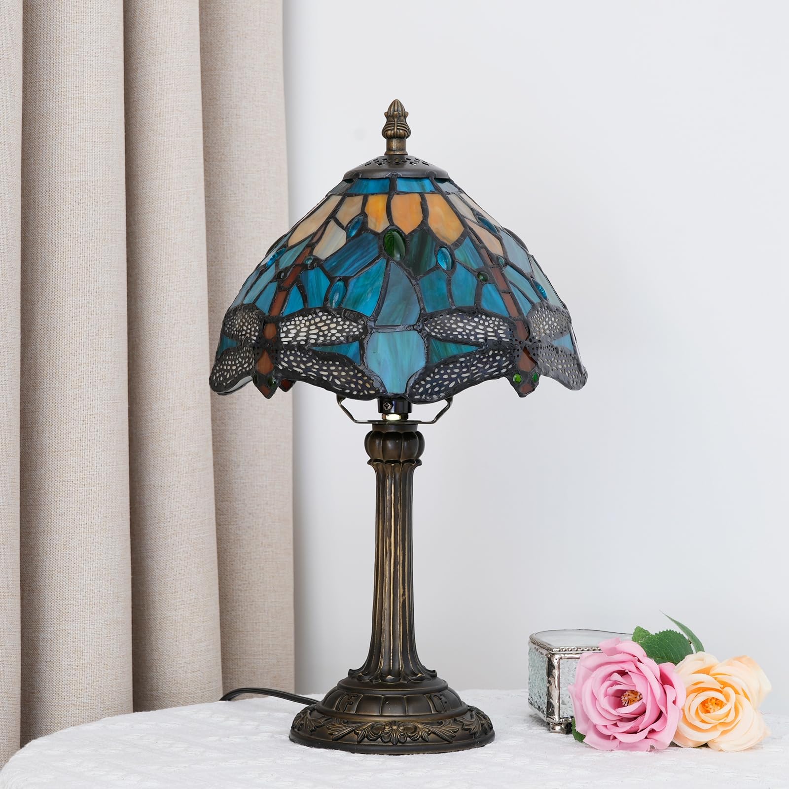 Tiffany Lamp Style Stained Glass Table Lamp Teal Dragonfly Green Bedroom Bedside Light For Office Dorm Bar Decor Retro Unique Cu