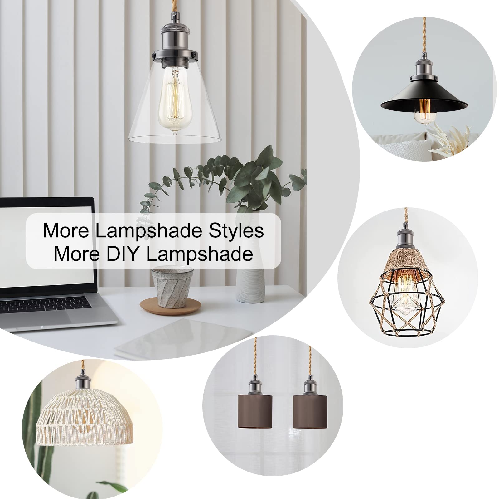 GNOLAK Pendant Light Cord Kit, 15.4ft Industrial E26 Socket, Hemp Rope, Pearl Black, Model CTMSTD, Plug-in with Switch