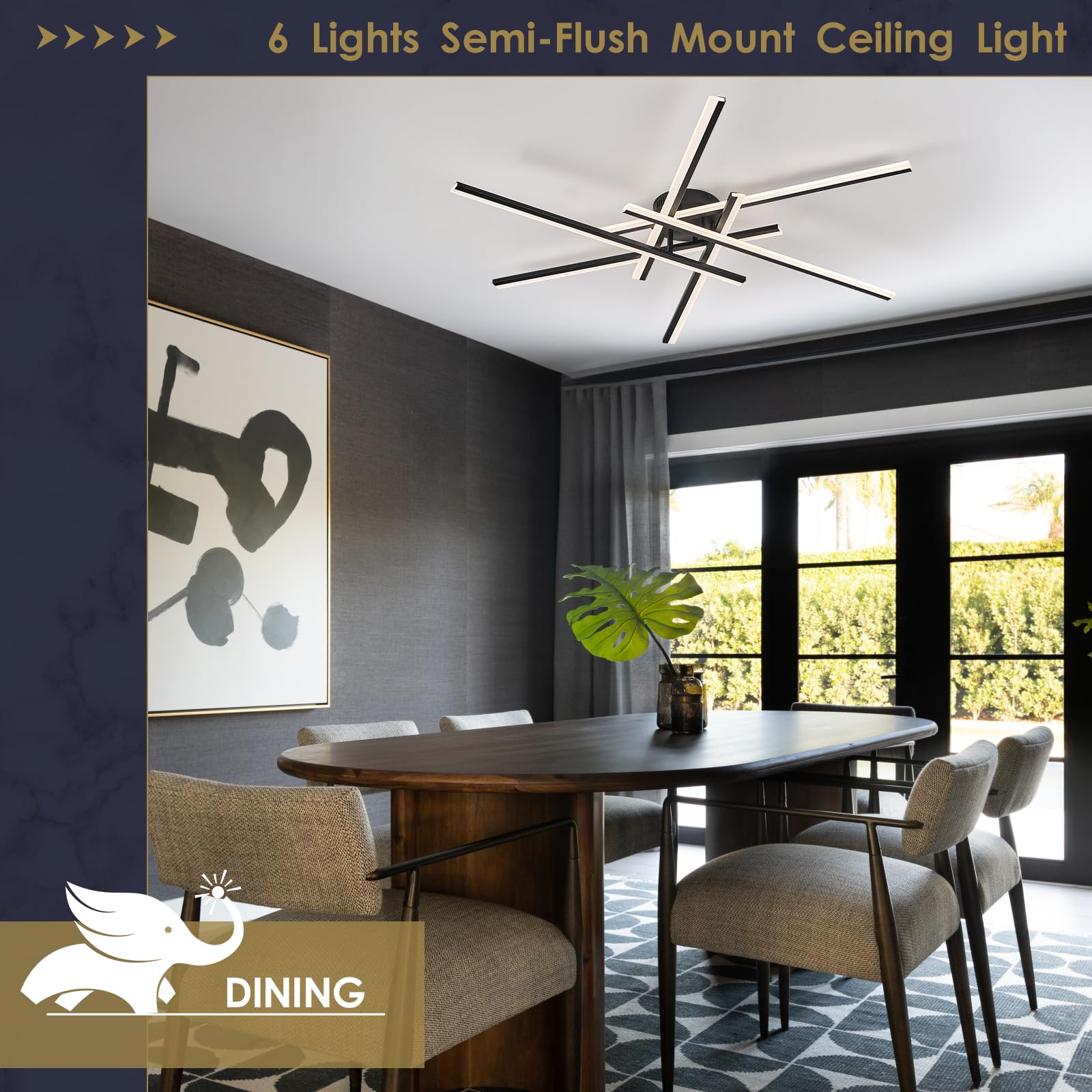 Airyphant Modern Led Chandelier With Remote Control  6-Lights Black Semi-Flush Mount Ceiling Lighting Fixture For Living Room  Bedroom  Dining Room 60W