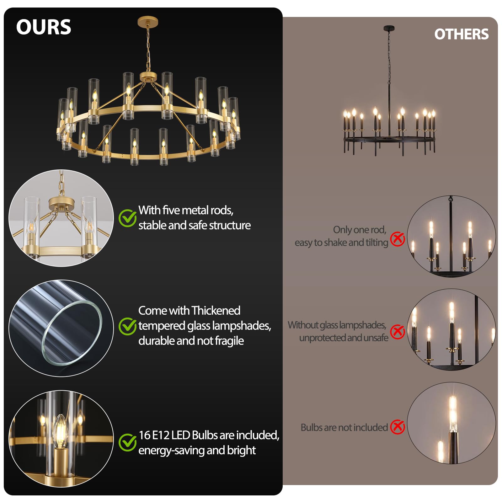Gold Wagon Wheel Chandelier, 48 Inch Chandeliers With Glass Shade, 16 Light Chandelier For High Ceiling, Modern Farmhouse Chande