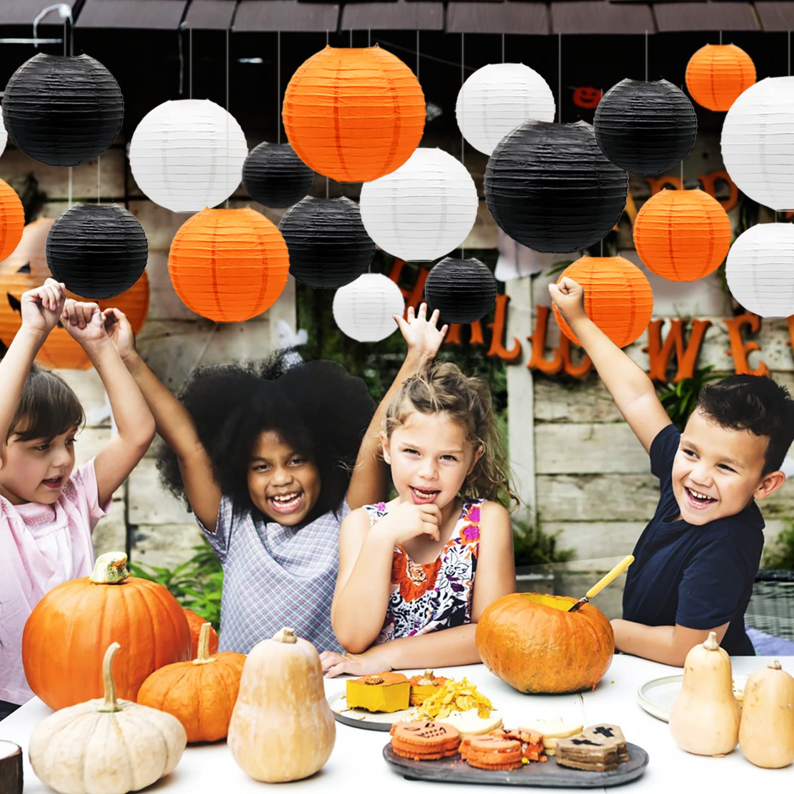 ADLKGG Paper Lanterns 21pcs, Round Hanging Decorations for Graduation, Halloween, Thanksgiving, Birthday, Orange Black White