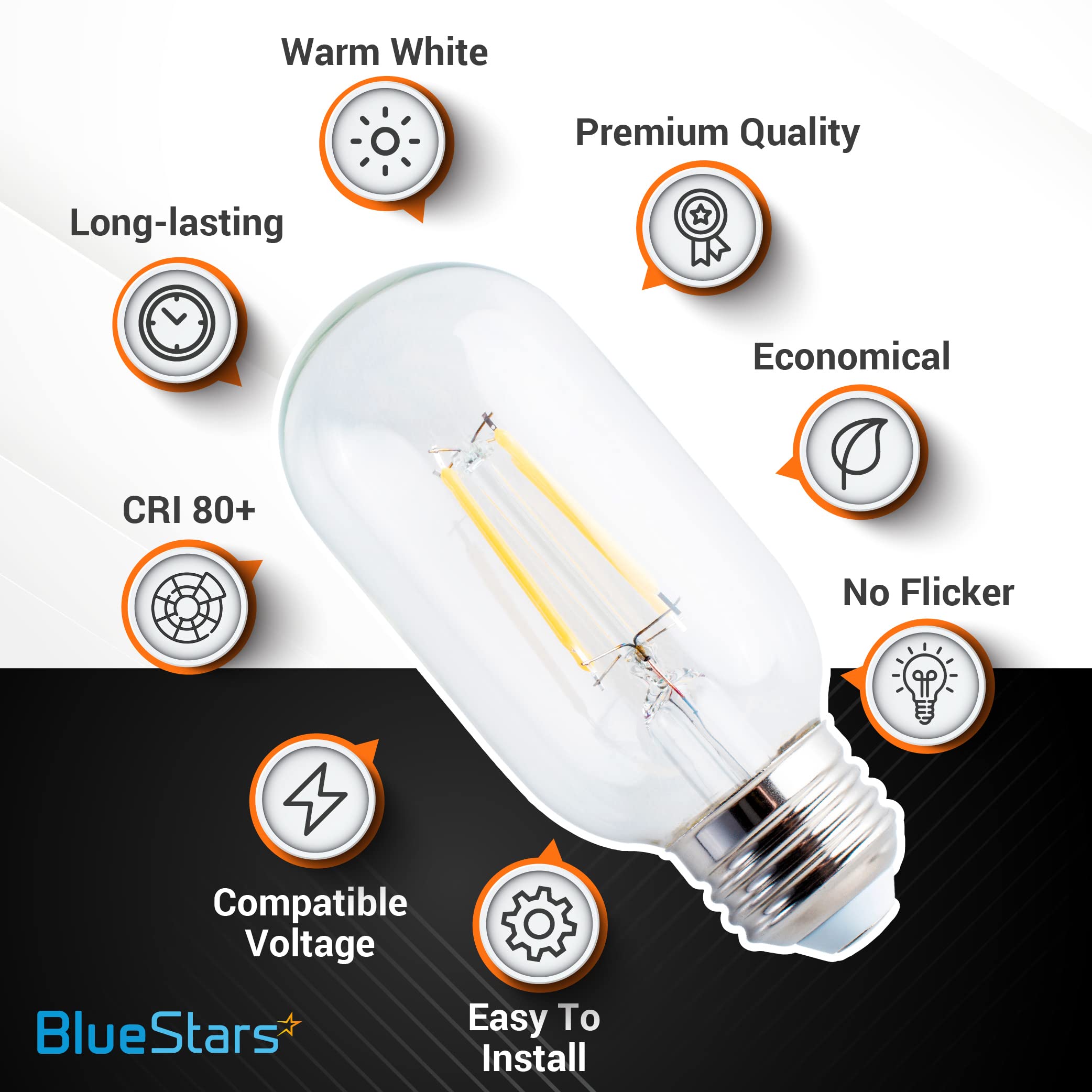 BlueStars T45 E26 Edison LED Light Bulb 5W 120V 2700K Warm White Clear Glass 3 Pack