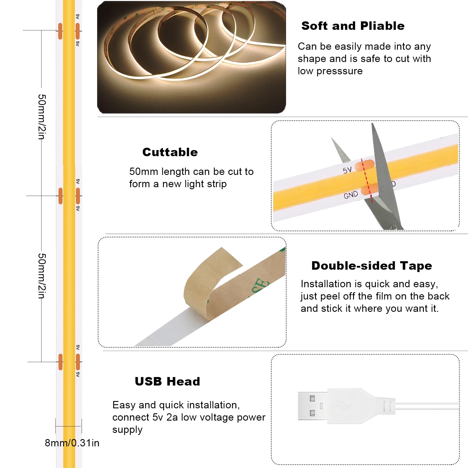 Gxilee Cob Led Strip Lights Natural White 4000K Cri92+, Dc 5V 6 Ft Led Light Strip With Dimmer Switch For Cabinet Home Office Di