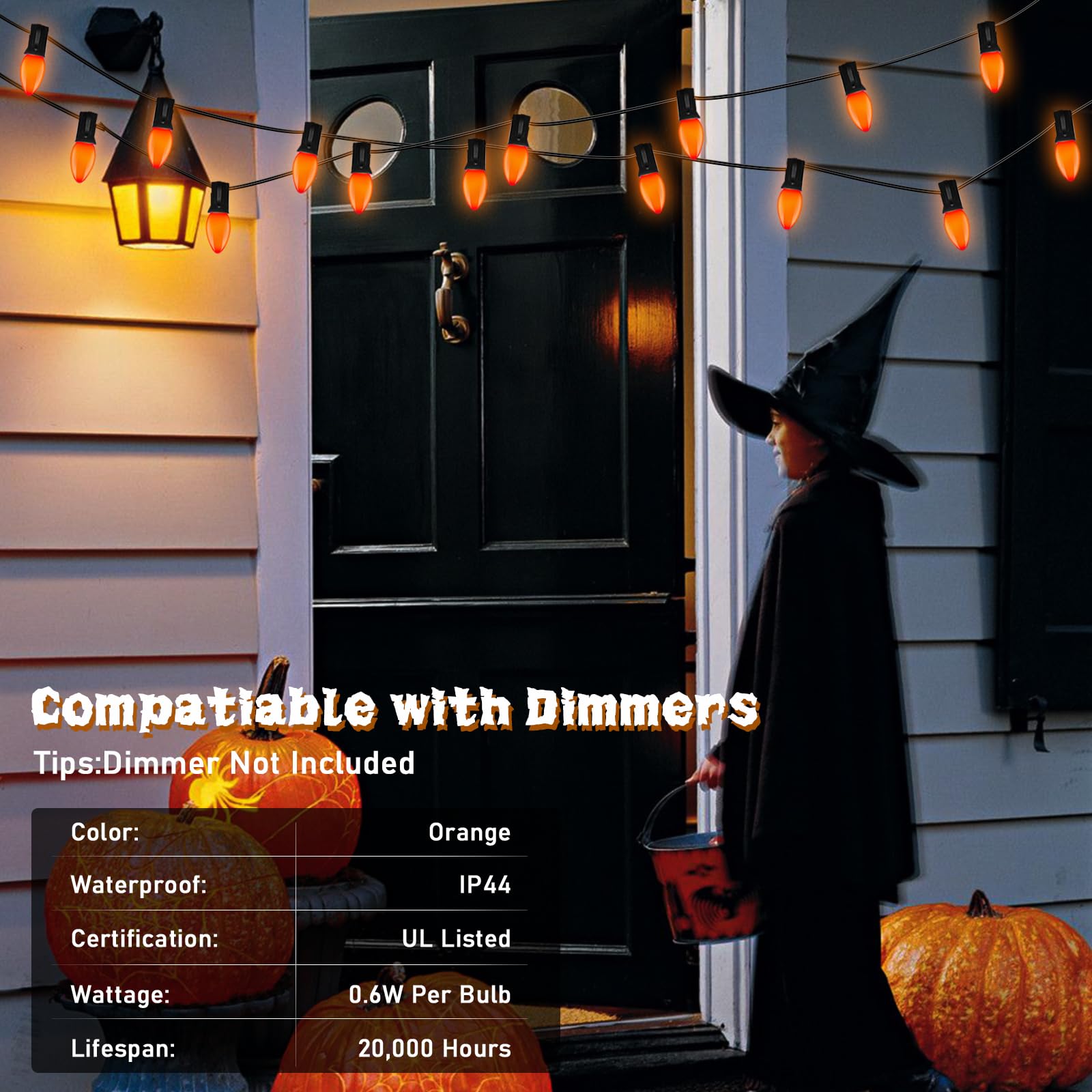 SUNSGNE C9 LED String Lights - 25FT Halloween Outdoor Lights with 27 Orange Bulbs, Black Wire, Model ULP(9)-LR(20)(0.6W)