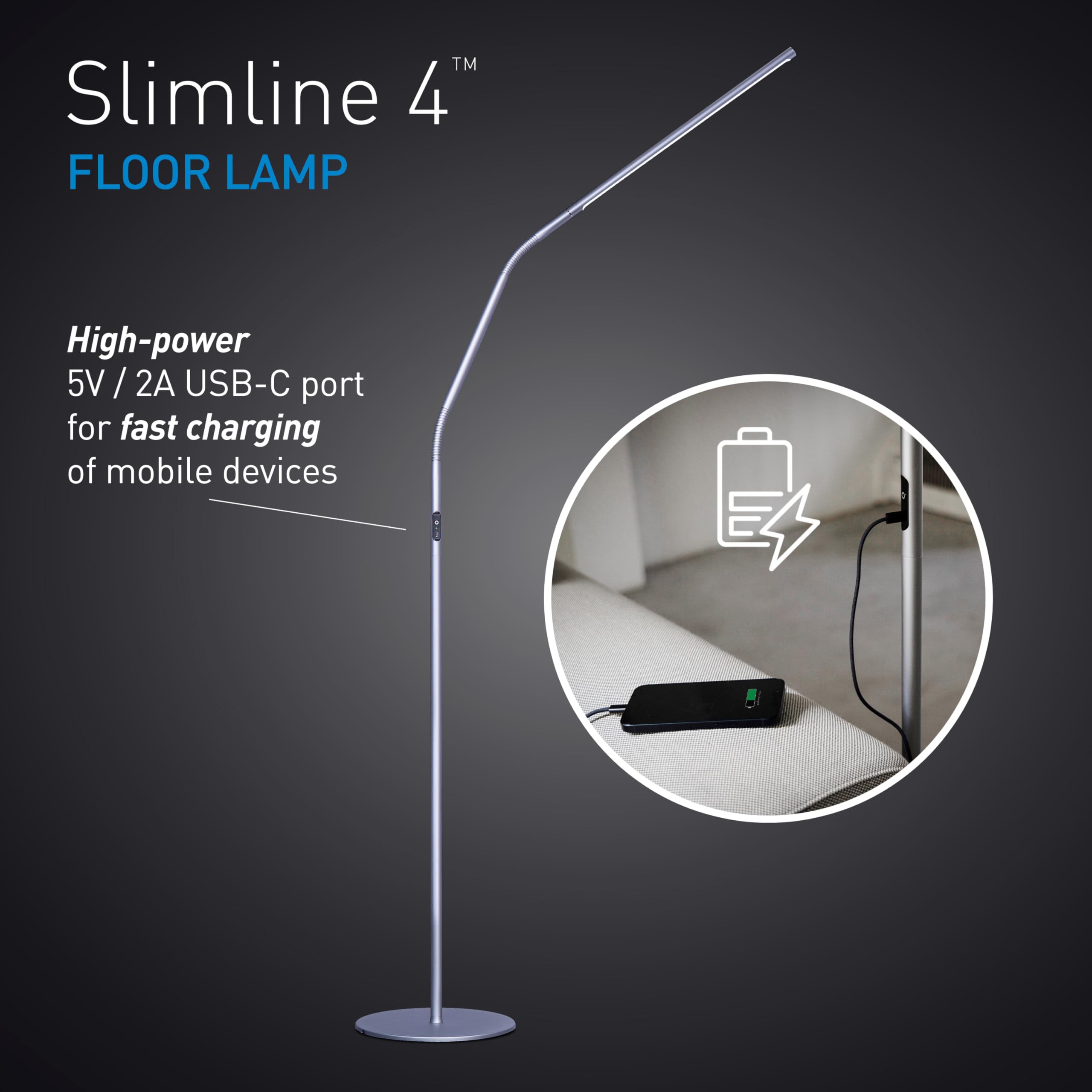 Daylight Slimline 4 Led Floor Lamp - 6,000K, 3,200 Lux, 4 Brightness Levels, Usb-C Port For Fast Charging - Sleek Design, Anti-G