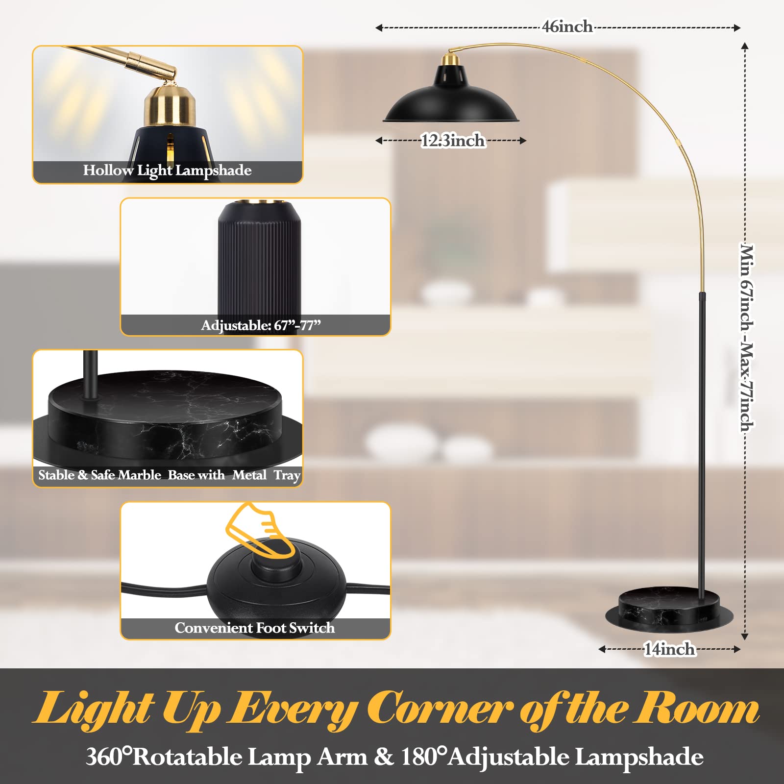 FILIYANO Arc Floor Lamp - Black Gold, Marble Base, 360° Rotatable Arm, Industrial Design for Living Room, Bedroom, Couch, and Desk