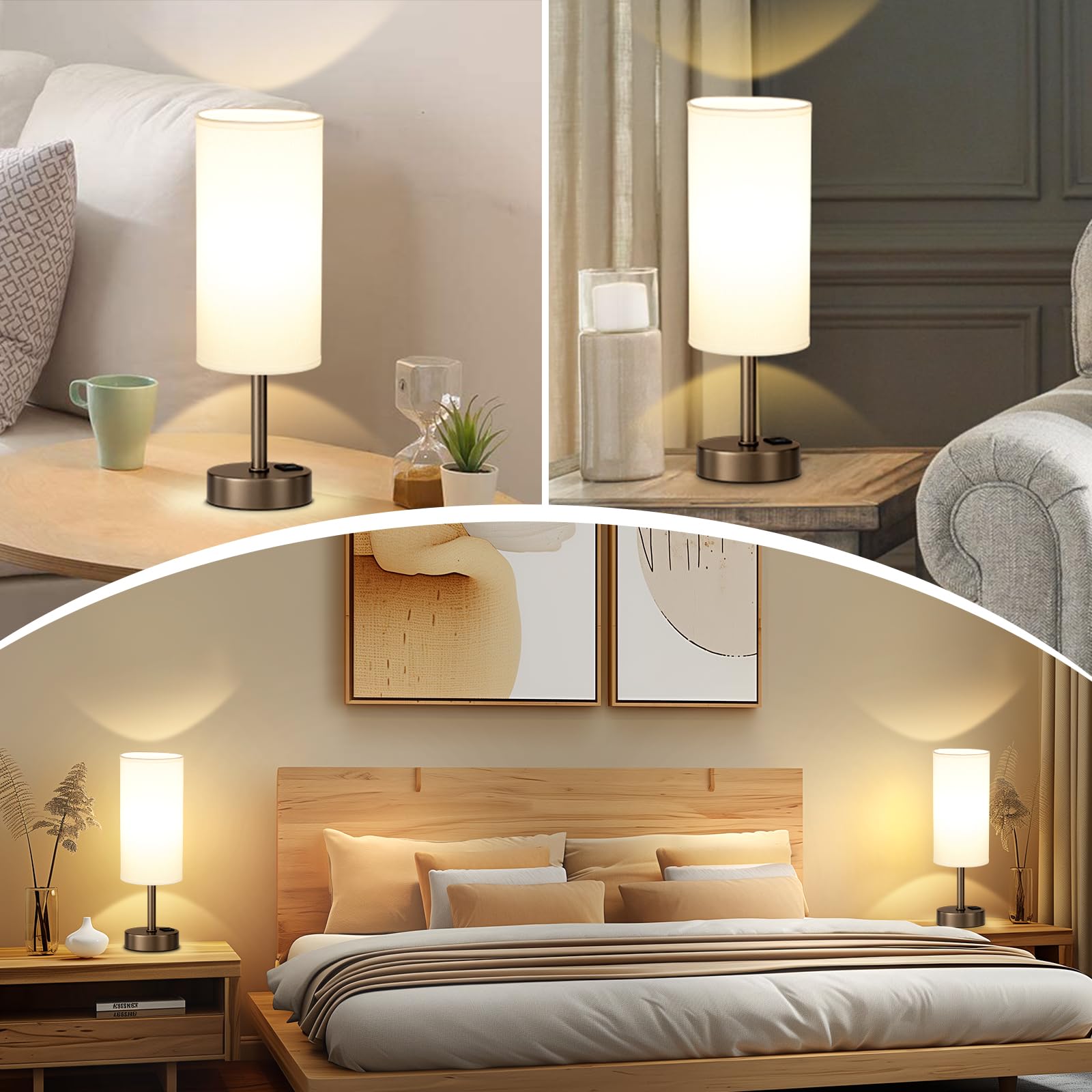 Bedside Touch Table Lamps For Bedroom Nightstand With Usb-C Usb-A Charging Ports, White & Brown 3 Way Dimmable Small Desk Lamp F