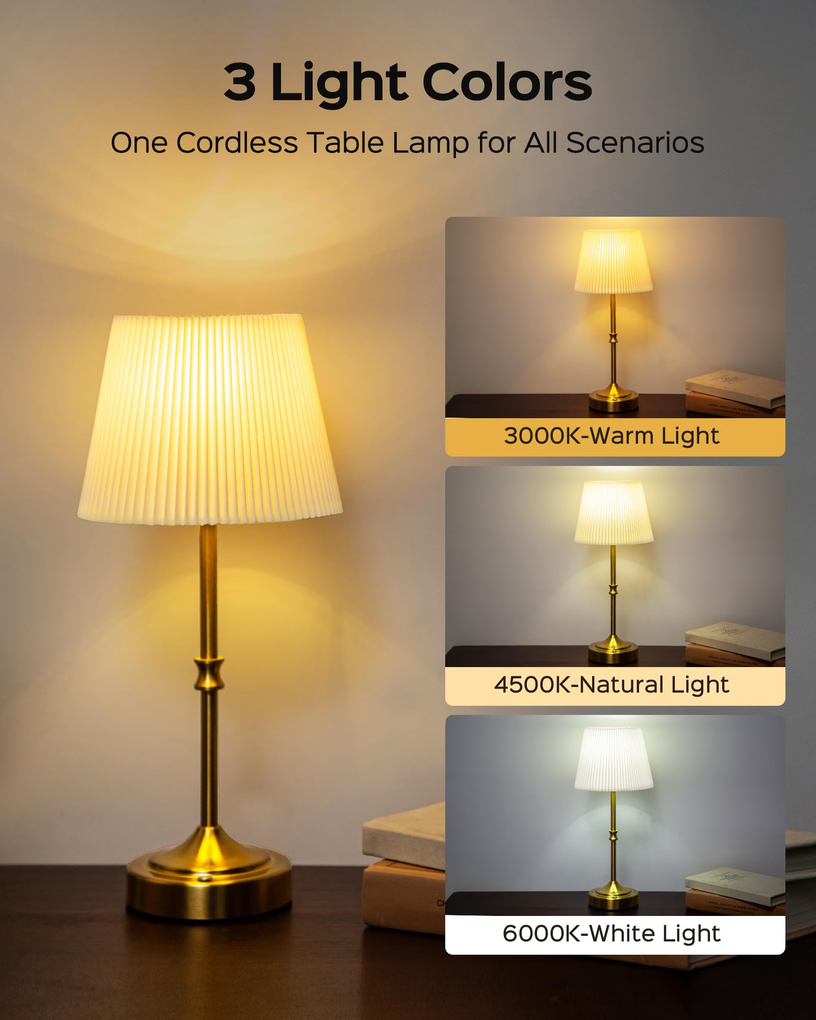 Jackyled Cordless Led Table Lamp, 3 Color Lights With Dimmer, 5400Mah Battery Operated Rechargeable, Wireless Lamp Portable For