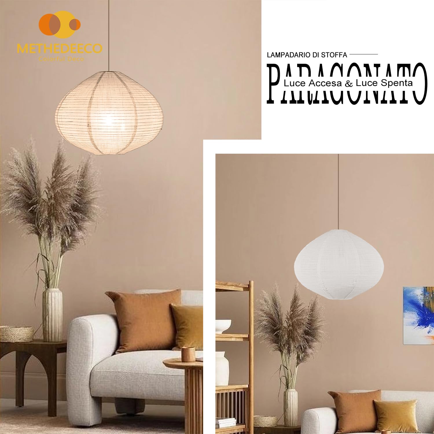 Methedeeco 2Pcs 20Inch Big Diamond Shape Hanging Fabric Lampshade,Paper Lantern,Minimalist Boho White Beige Foldable Linen Pendant Light For Living Room, Dining Room, Bedroom,Showcase Deco And Gift