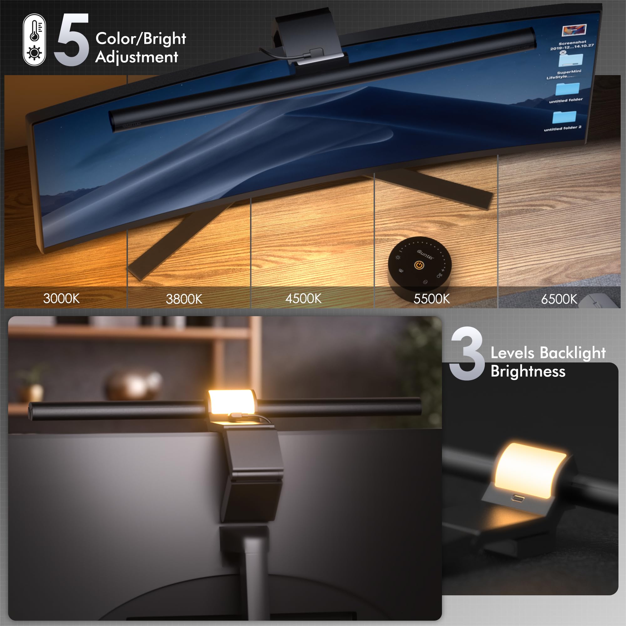 Quntis Monitor Light Bar With Remote, 16.7'' Eye Care No Glare Computer Light Bar With Backlight, Auto-Dimming & Timer, Stepless