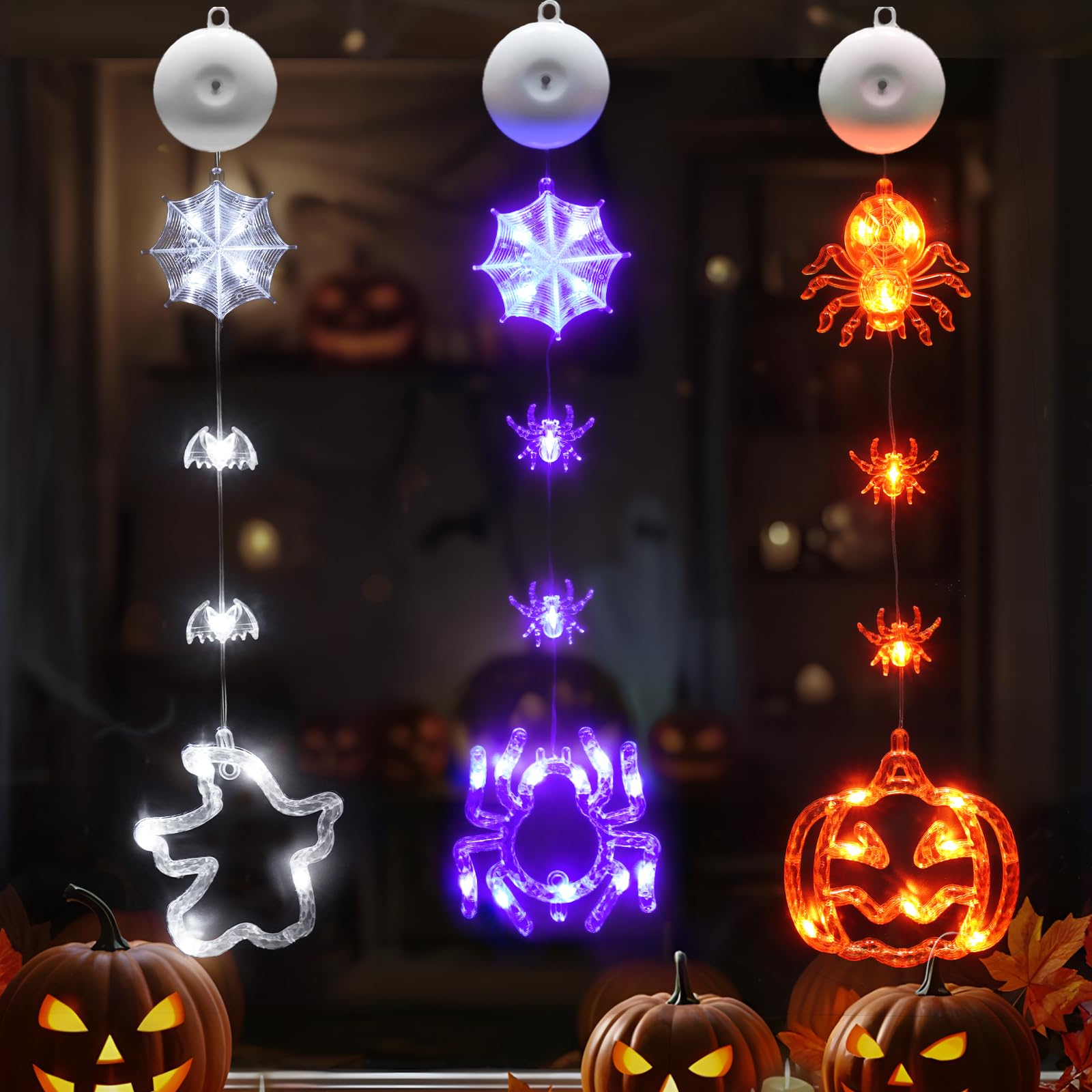 suddus Halloween Window Lights - 3 Pack Battery Operated with Timer - Orange Pumpkin, Purple Spider & White Ghost Decorations