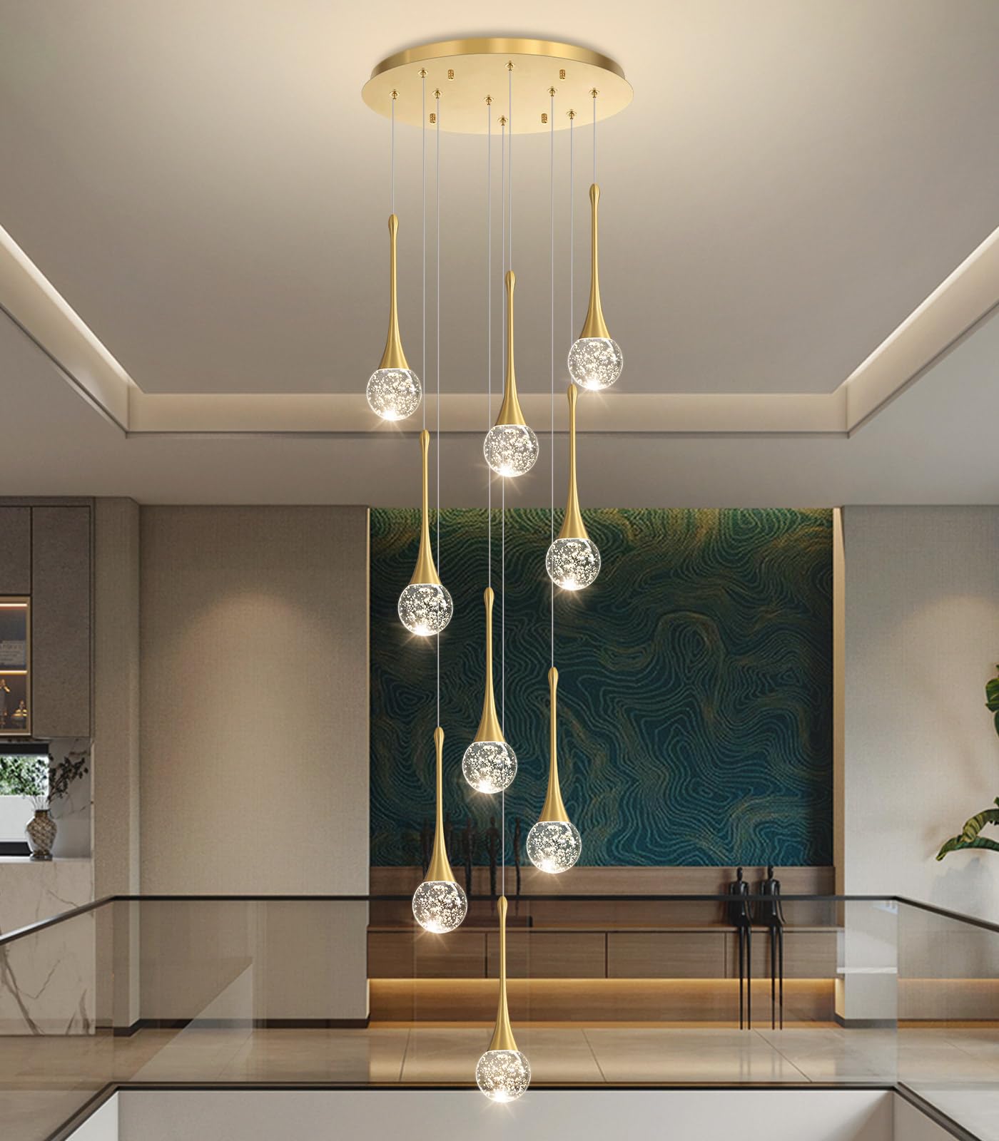 9 Light Modern Glam Crystal Chandelier For High Ceiling Led Dimmable Ceiling Pendant Light Staircase Foyer Enterway Living Room Chandelier Lighting Antique Gold