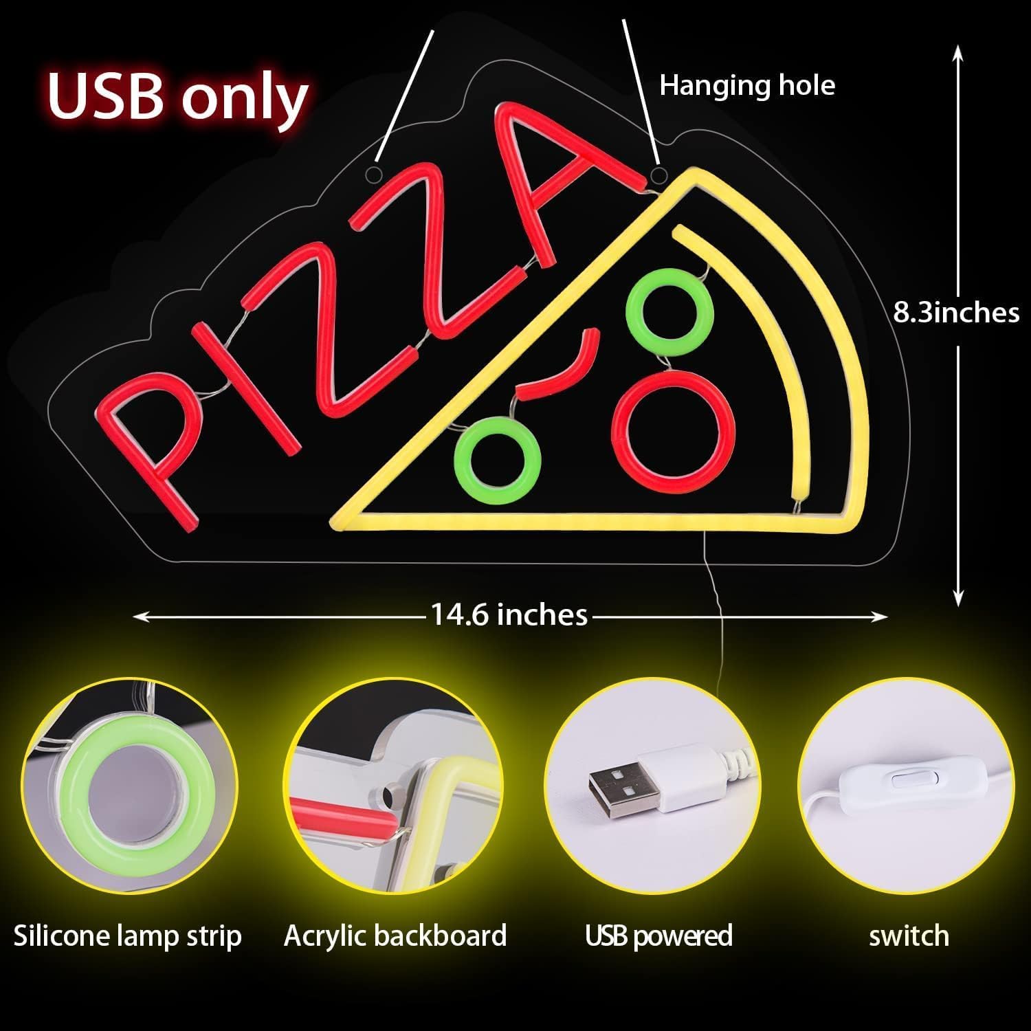 attneon Pizza Neon Sign - LED Wall Decor for Pizzeria, Kitchen, Store - 14.6x8.3 Inch, Acrylic - Red/Yellow/Green